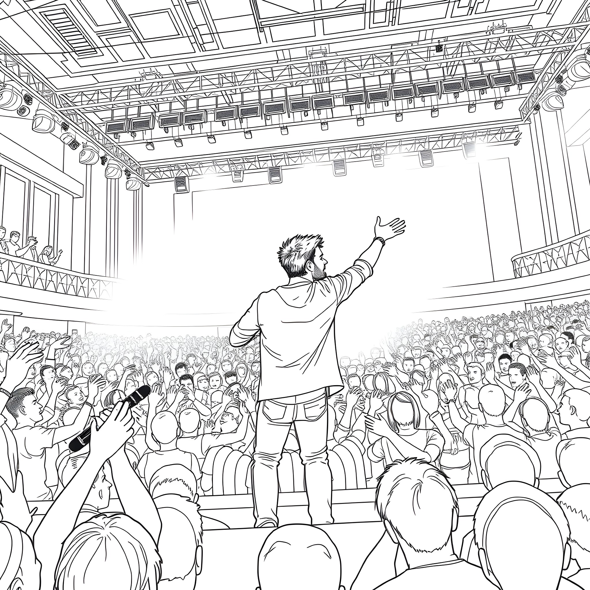 Niall Horan performing on stage in front of an audience Coloring Page (free black-and-white line drawing printable PDF for all, from beginners to advanced learners, including children, teens, adults, and seniors)