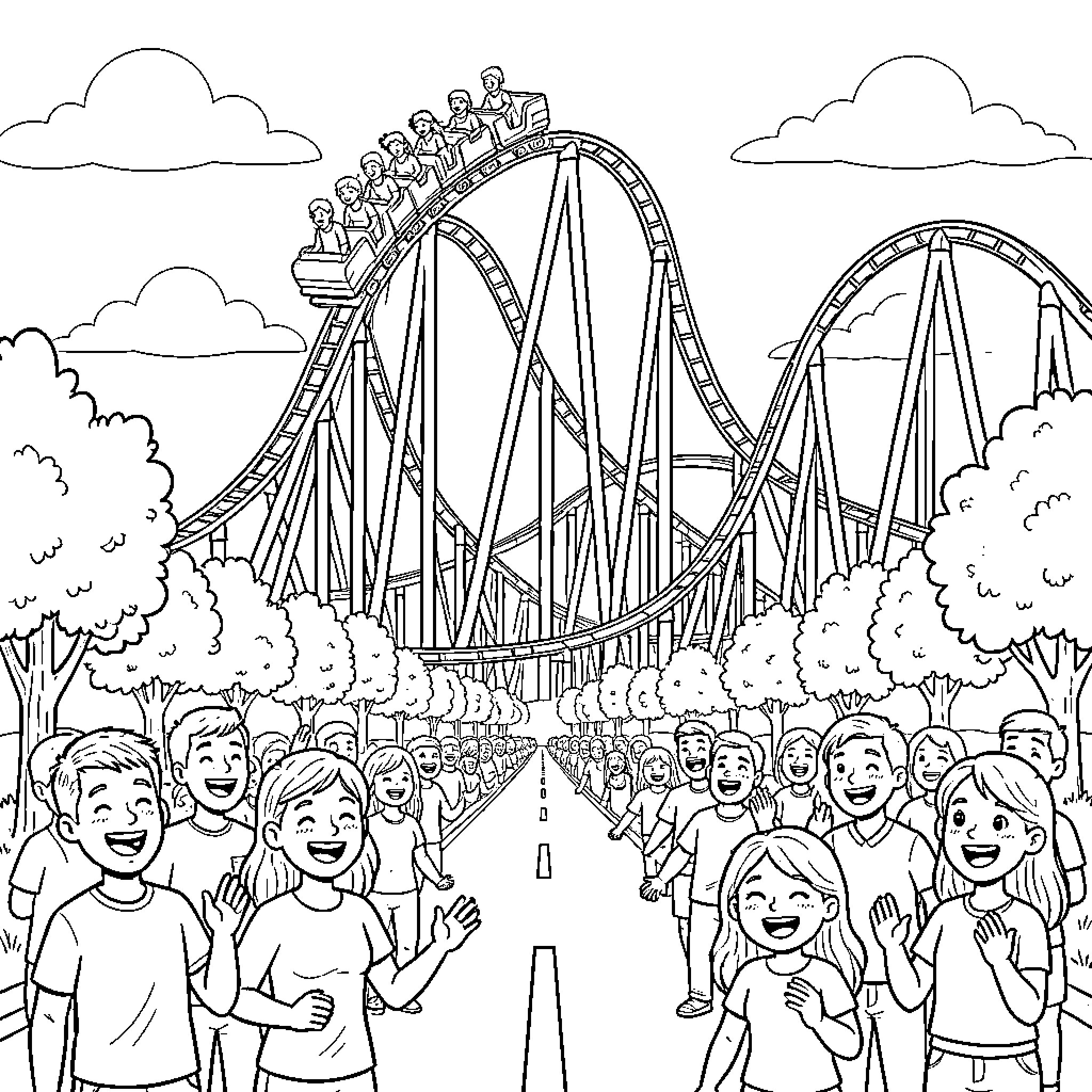 Montaña Rusa with excited people cheering in a park Coloring Page (free black-and-white line drawing printable PDF for all, from beginners to advanced learners, including children, teens, adults, and seniors)