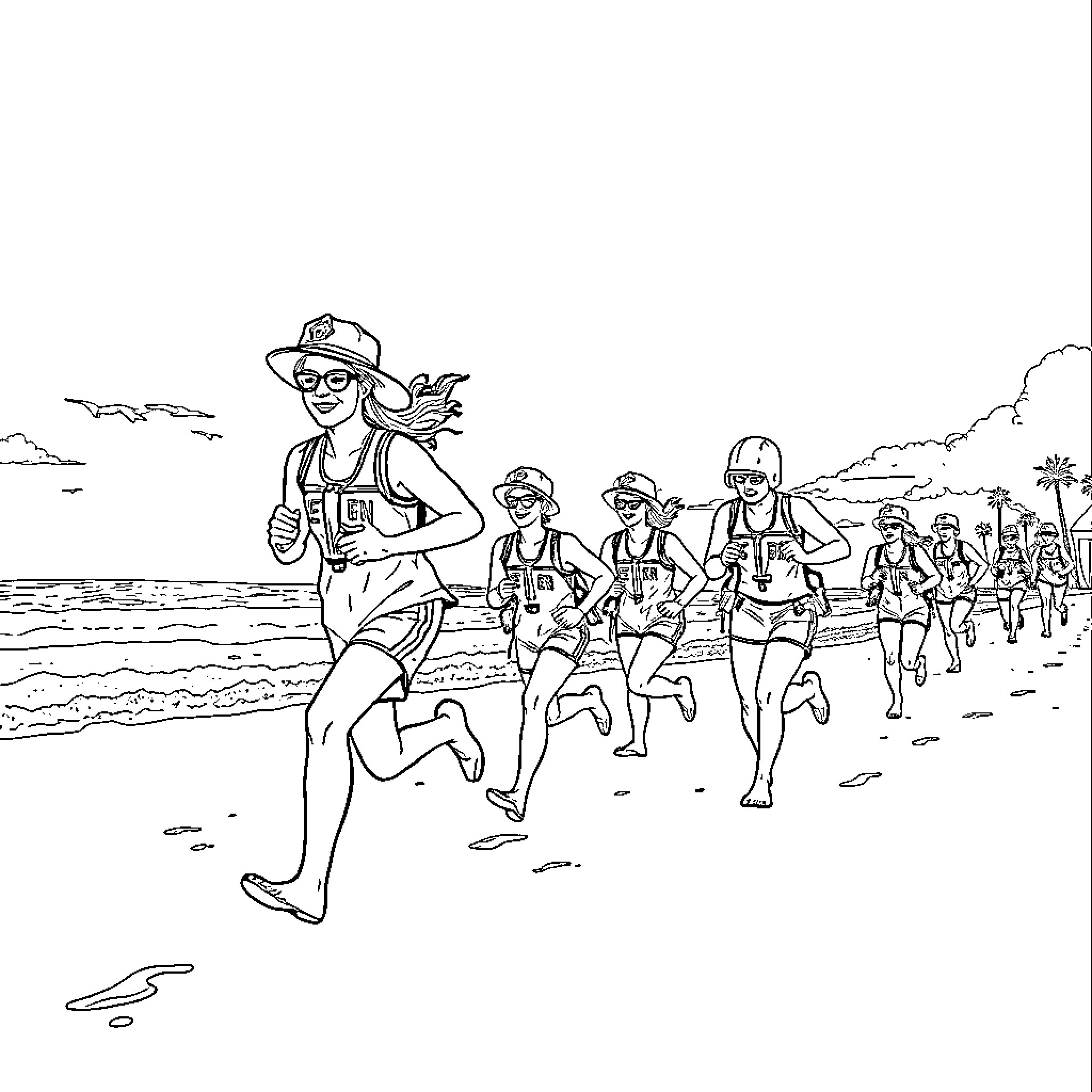 Baywatch runners on the beach Coloring Page (free black-and-white line drawing printable PDF for all, from beginners to advanced learners, including children, teens, adults, and seniors)