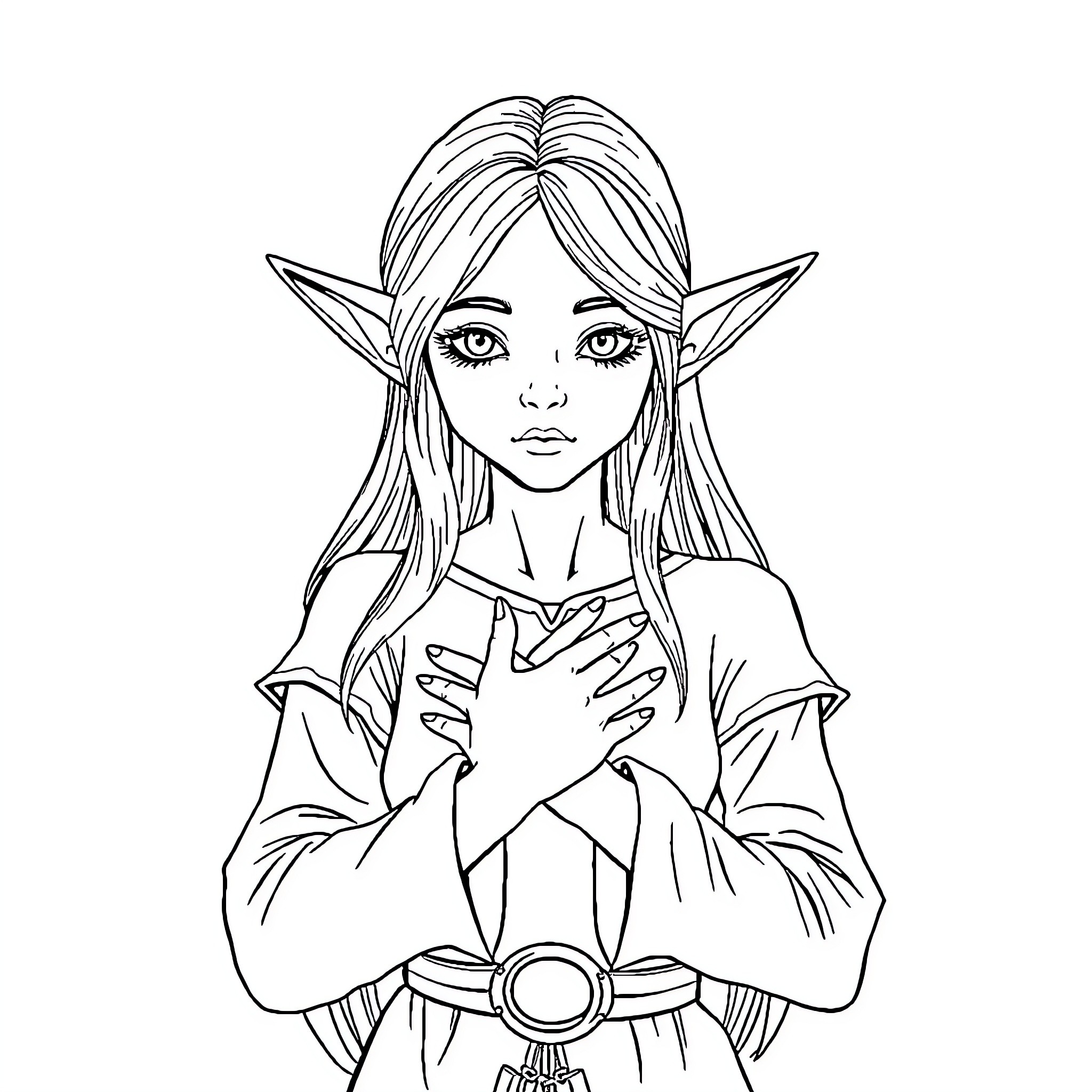 Elf with long hair holding hands in a prayerful pose Coloring Page (free black-and-white line drawing printable PDF for all, from beginners to advanced learners, including children, teens, adults, and seniors)