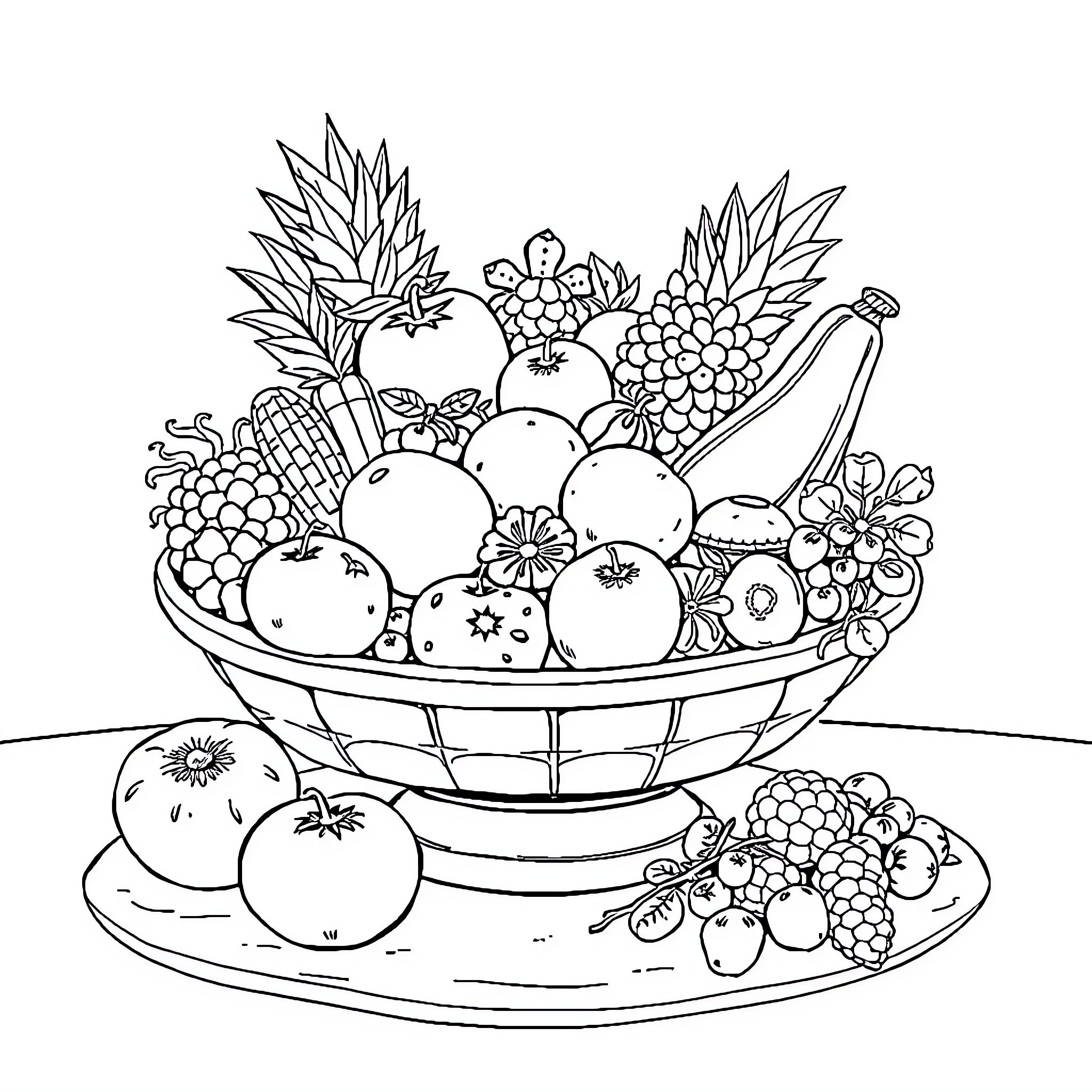 Fruit Basket Filled with Diverse Produce Coloring Page (free black-and-white line drawing printable PDF for all, from beginners to advanced learners, including children, teens, adults, and seniors)