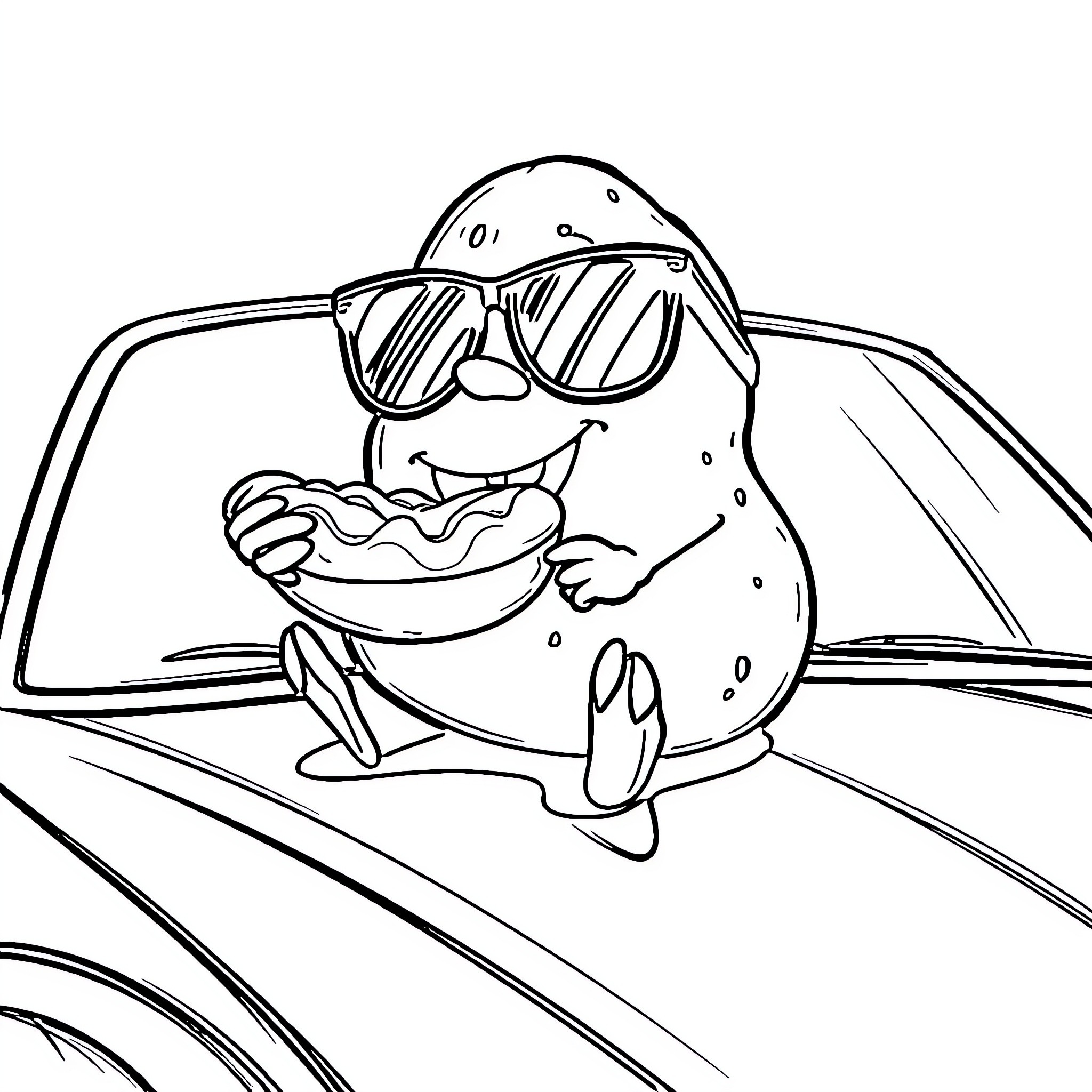 Potato enjoying a hot dog in the sun Coloring Page (free black-and-white line drawing printable PDF for all, from beginners to advanced learners, including children, teens, adults, and seniors)