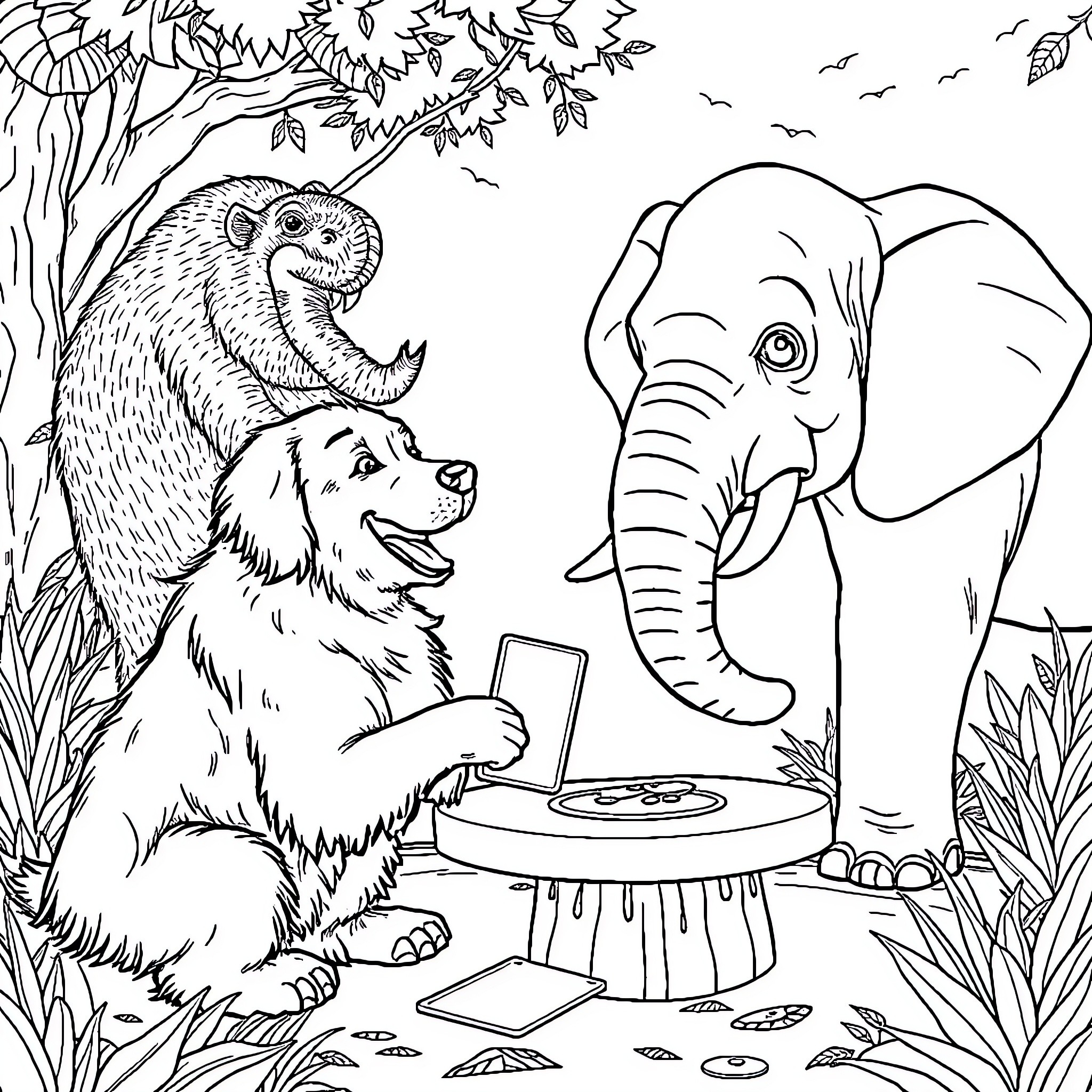 Golden Retriever and Elephant Playing in the Forest Coloring Page (free black-and-white line drawing printable PDF for all, from beginners to advanced learners, including children, teens, adults, and seniors)