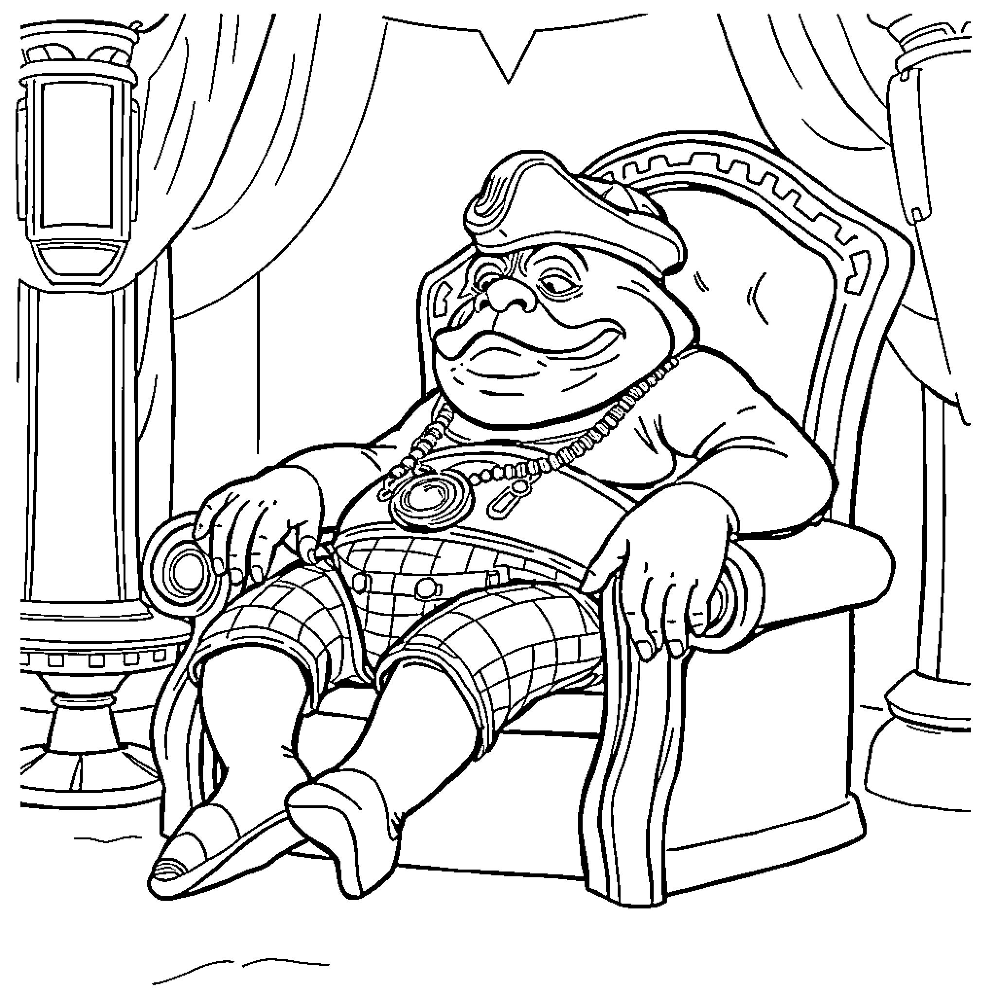 Jabba the Hutt relaxing on his throne Coloring Page (free black-and-white line drawing printable PDF for all, from beginners to advanced learners, including children, teens, adults, and seniors)