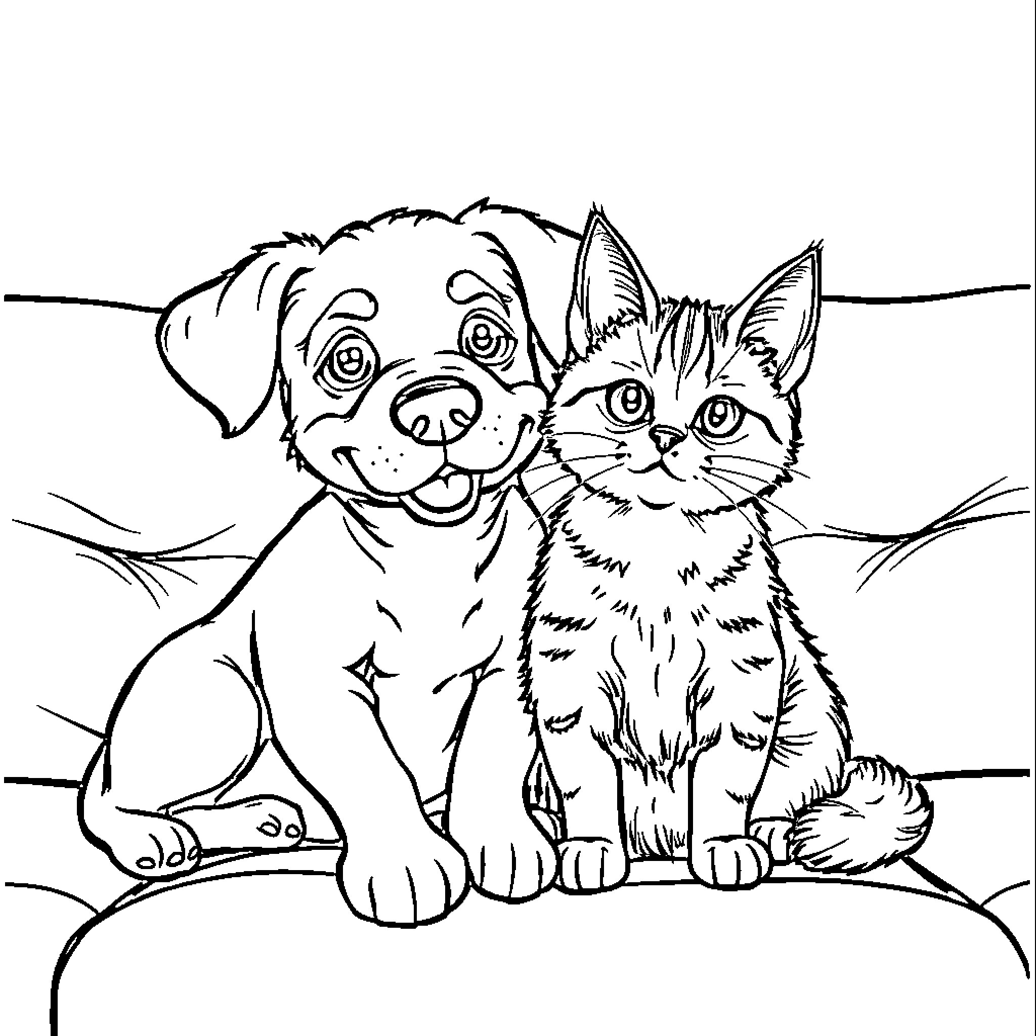 Dog and Kitten Enjoying Together Coloring Page (free black-and-white line drawing printable PDF for all, from beginners to advanced learners, including children, teens, adults, and seniors)