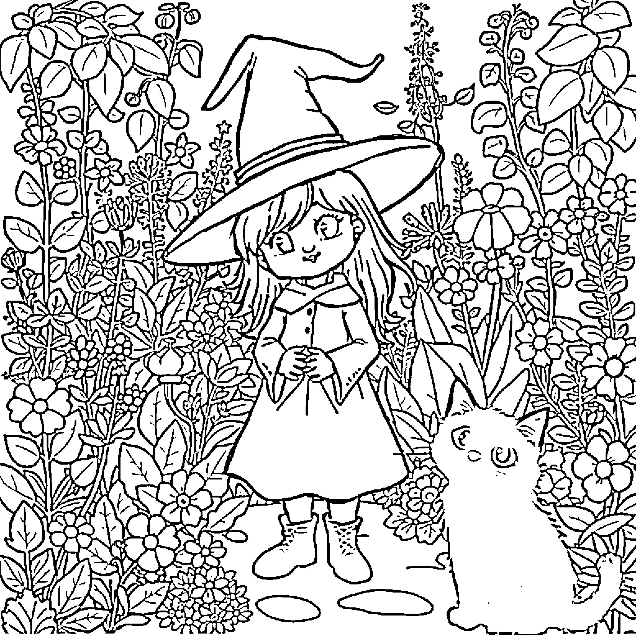 Witch and her Companion Exploring the Enchanted Garden Coloring Page (free black-and-white line drawing printable PDF for all, from beginners to advanced learners, including children, teens, adults, and seniors)