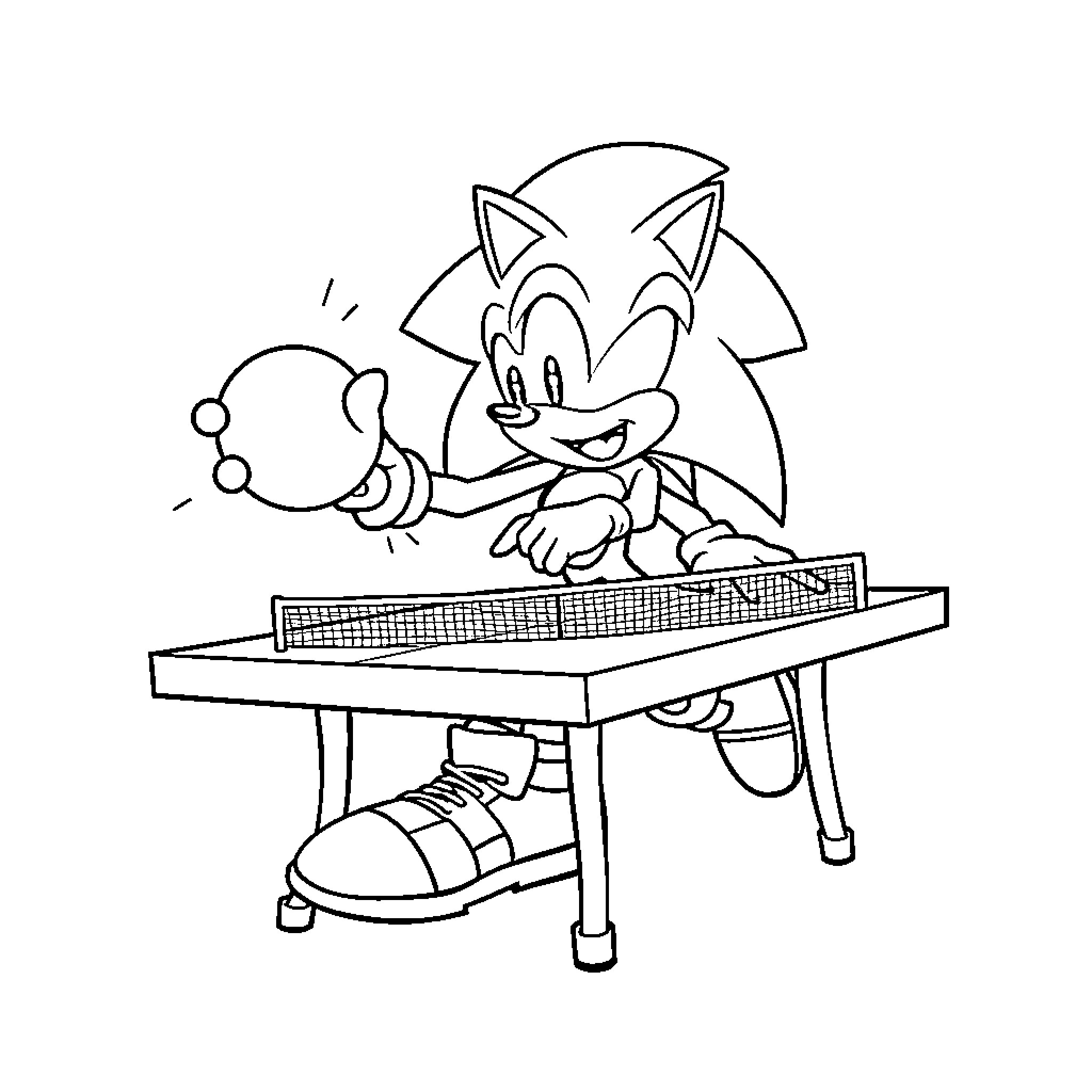 Sonic playing table tennis cheerfully Coloring Page (free black-and-white line drawing printable PDF for all, from beginners to advanced learners, including children, teens, adults, and seniors)