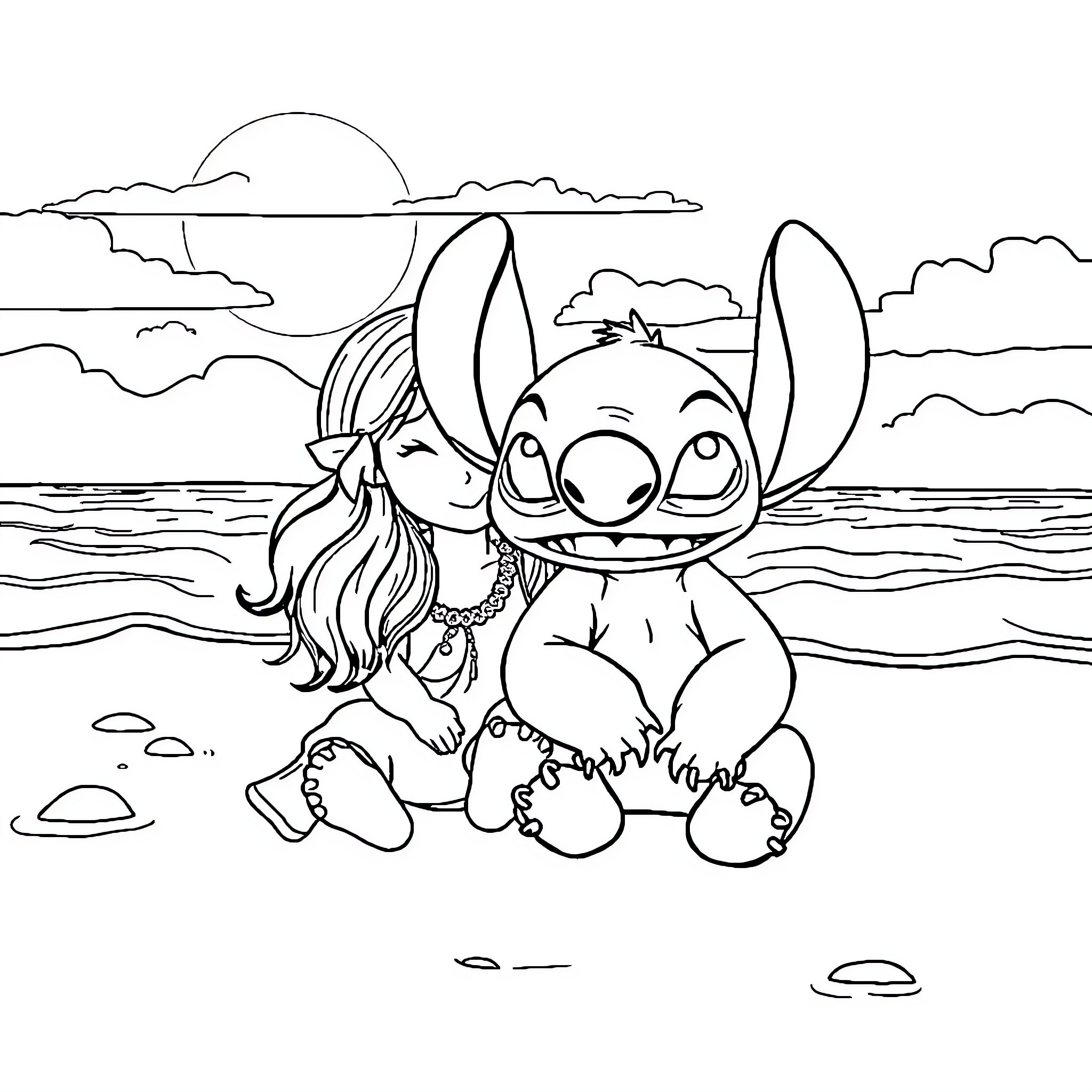 Lilo enjoying the beach with Stitch Coloring Page (free black-and-white line drawing printable PDF for all, from beginners to advanced learners, including children, teens, adults, and seniors)