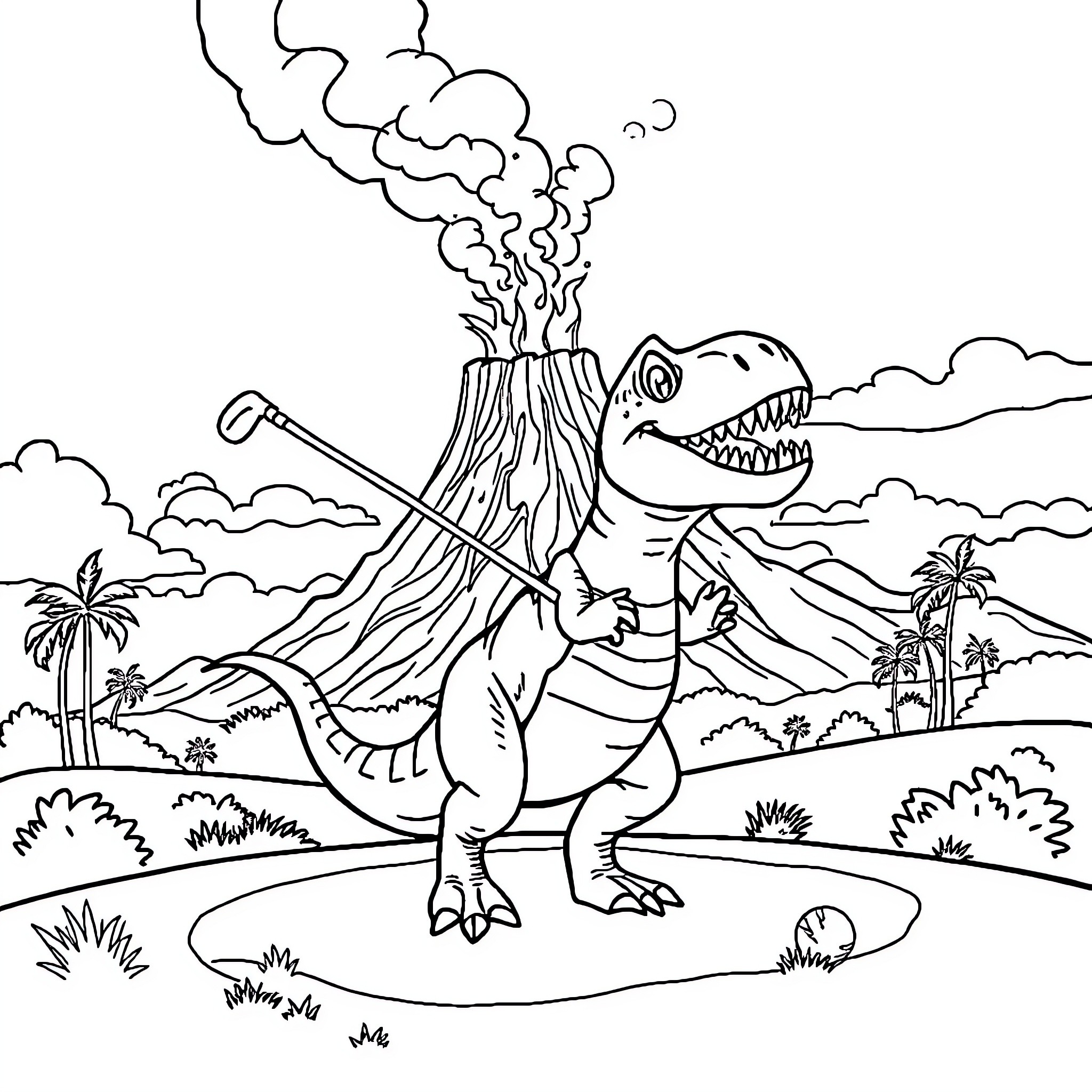 T-Rex Erupting Volcano Landscape Coloring Page (free black-and-white line drawing printable PDF for all, from beginners to advanced learners, including children, teens, adults, and seniors)