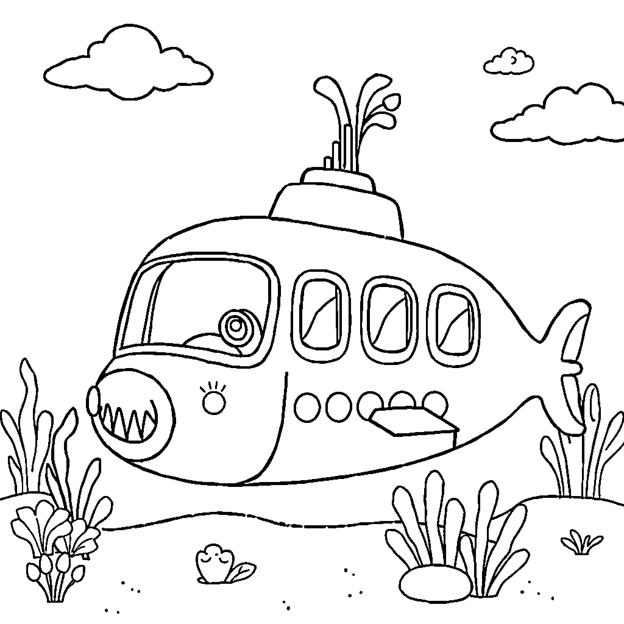 Submarine exploring the underwater world Coloring Page (free black-and-white line drawing printable PDF for all, from beginners to advanced learners, including children, teens, adults, and seniors)