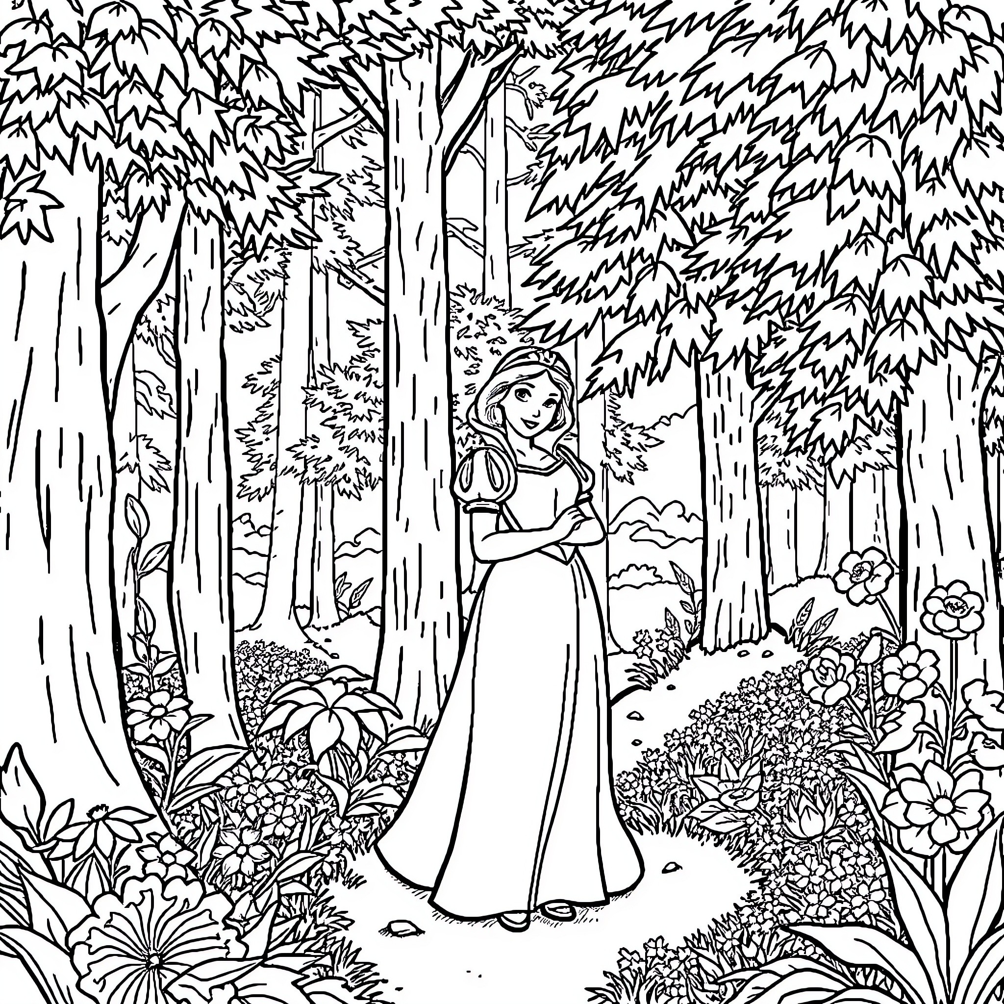 Snow White wandering through the enchanted forest Coloring Page (free black-and-white line drawing printable PDF for all, from beginners to advanced learners, including children, teens, adults, and seniors)