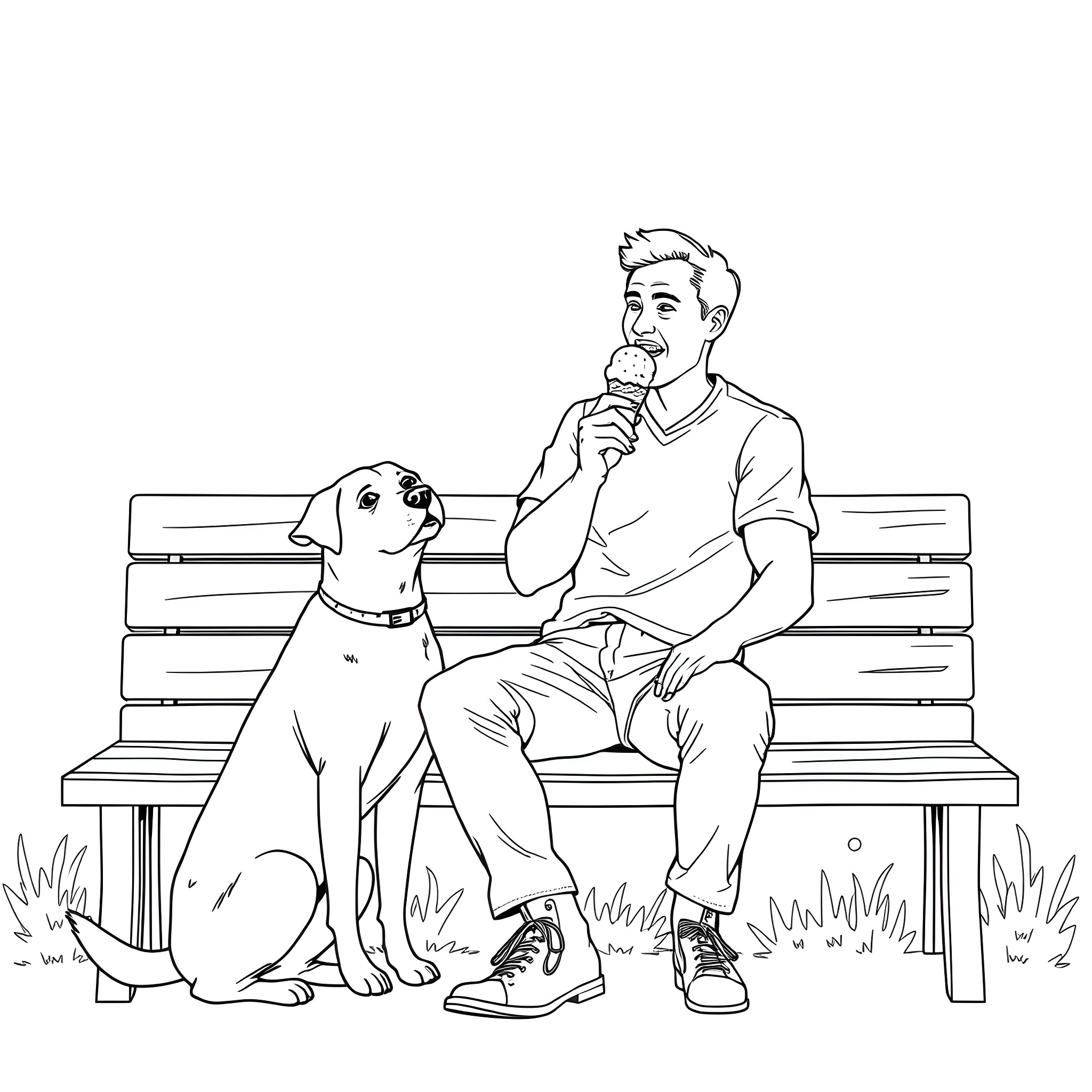 Man enjoying ice cream with his dog on a park bench Coloring Page (free black-and-white line drawing printable PDF for all, from beginners to advanced learners, including children, teens, adults, and seniors)