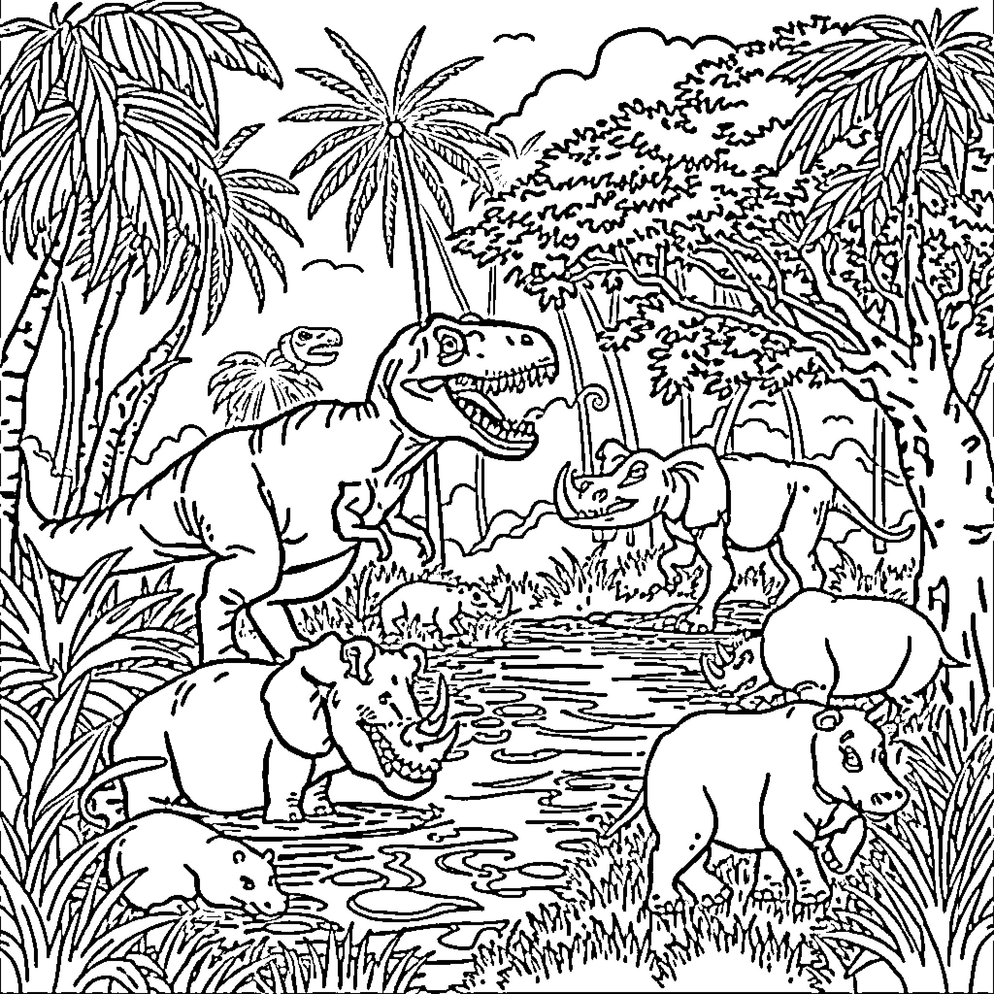 Dinosaurs in a Tropical Jungle Landscape Coloring Page (free black-and-white line drawing printable PDF for all, from beginners to advanced learners, including children, teens, adults, and seniors)