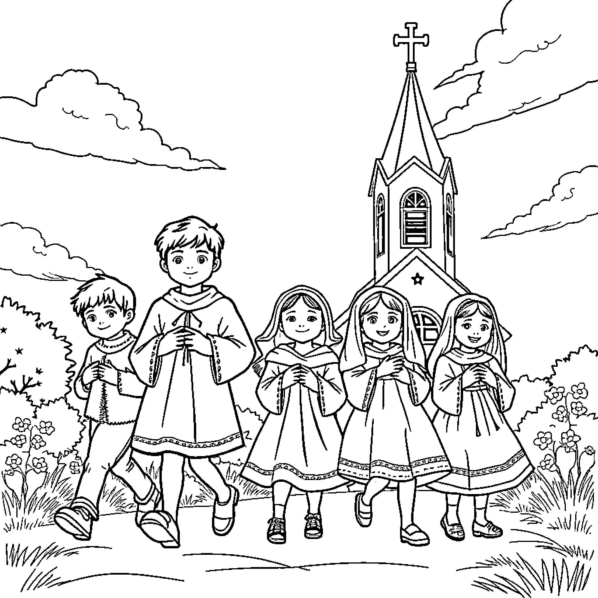 Children in Traditional Outfits Gathering Near Church Coloring Page (free black-and-white line drawing printable PDF for all, from beginners to advanced learners, including children, teens, adults, and seniors)