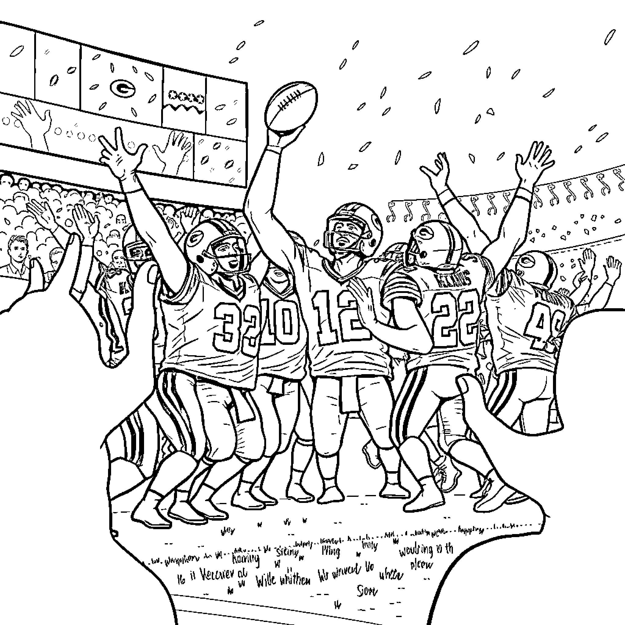 Packers Players Celebrating and Cheering on the Field Coloring Page (free black-and-white line drawing printable PDF for all, from beginners to advanced learners, including children, teens, adults, and seniors)