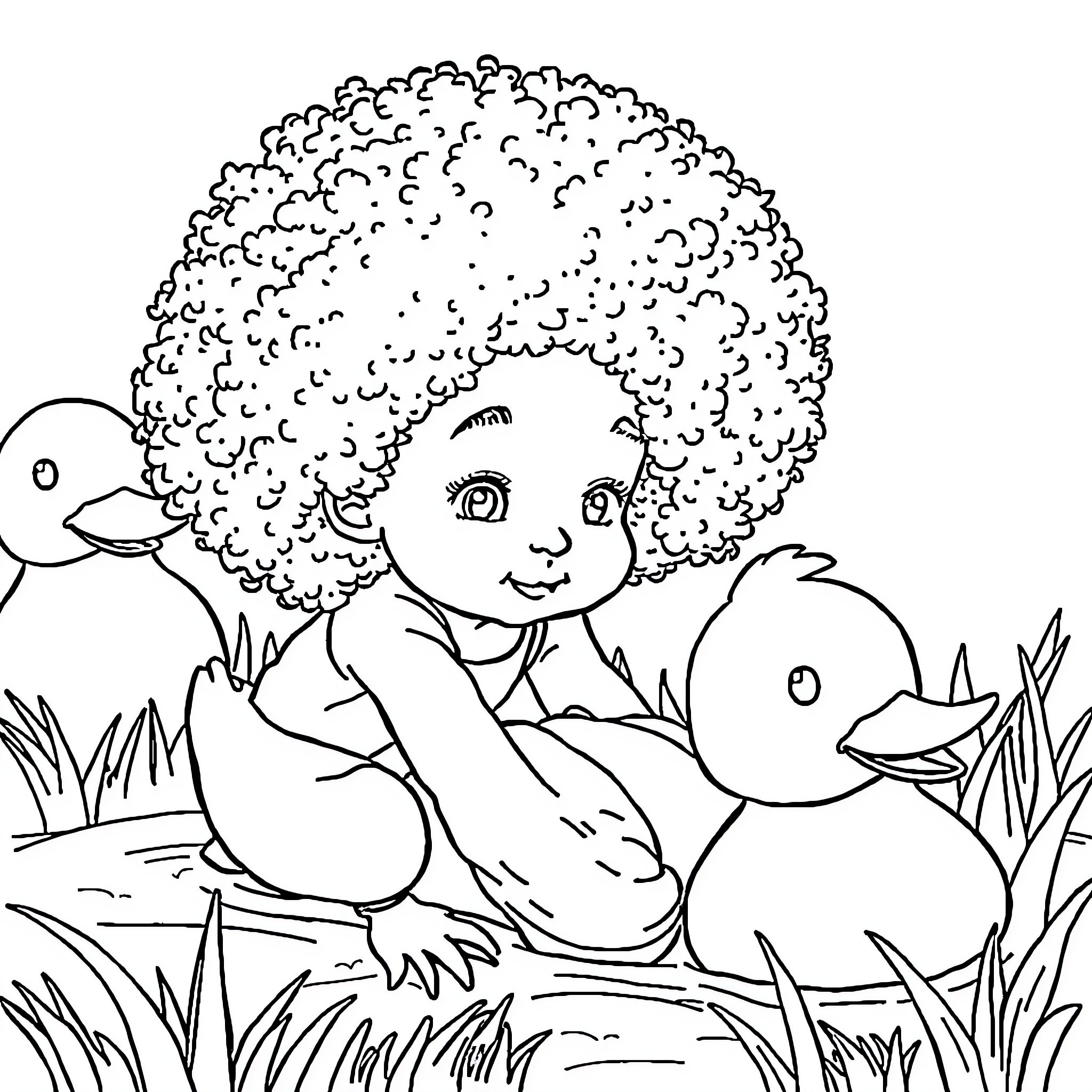 Girl playing with ducks in the pond Coloring Page (free black-and-white line drawing printable PDF for all, from beginners to advanced learners, including children, teens, adults, and seniors)