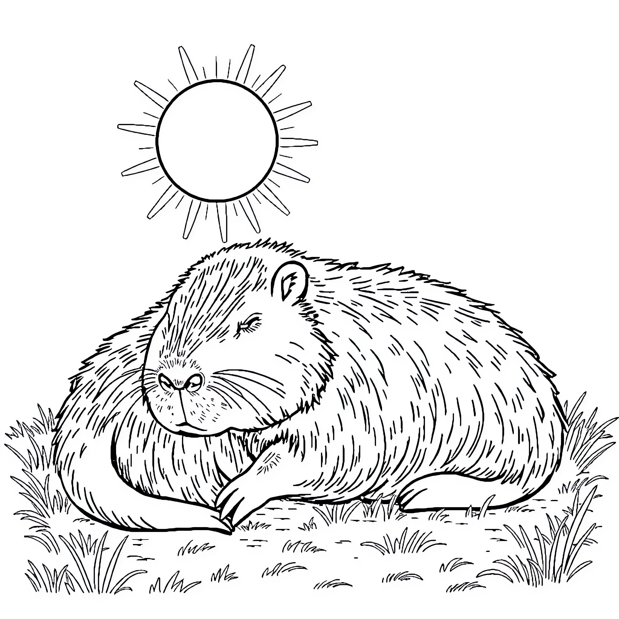 Capybara enjoying the sunny day Coloring Page (free black-and-white line drawing printable PDF for all, from beginners to advanced learners, including children, teens, adults, and seniors)