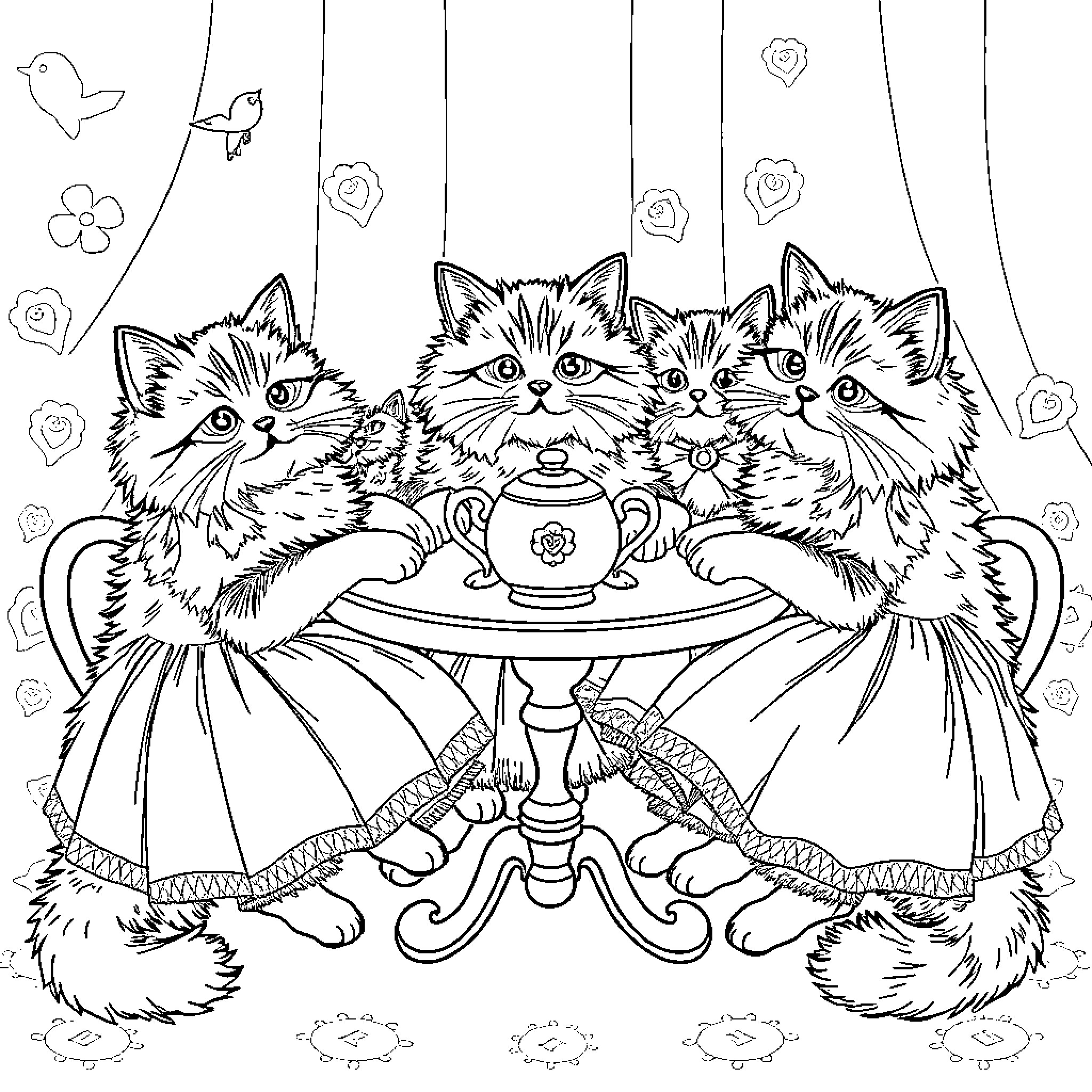 Cat companions enjoying a tea party Coloring Page (free black-and-white line drawing printable PDF for all, from beginners to advanced learners, including children, teens, adults, and seniors)