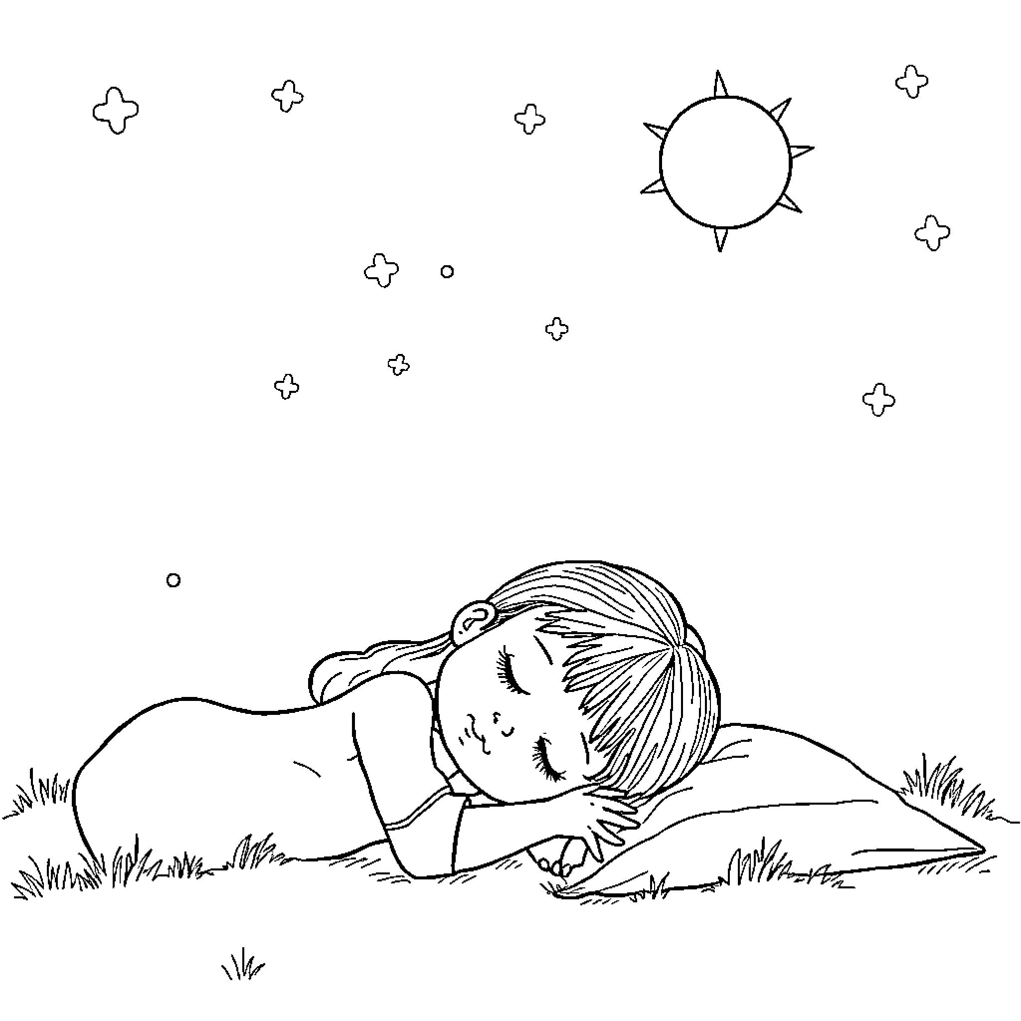 Girl resting peacefully in a serene field Coloring Page (free black-and-white line drawing printable PDF for all, from beginners to advanced learners, including children, teens, adults, and seniors)