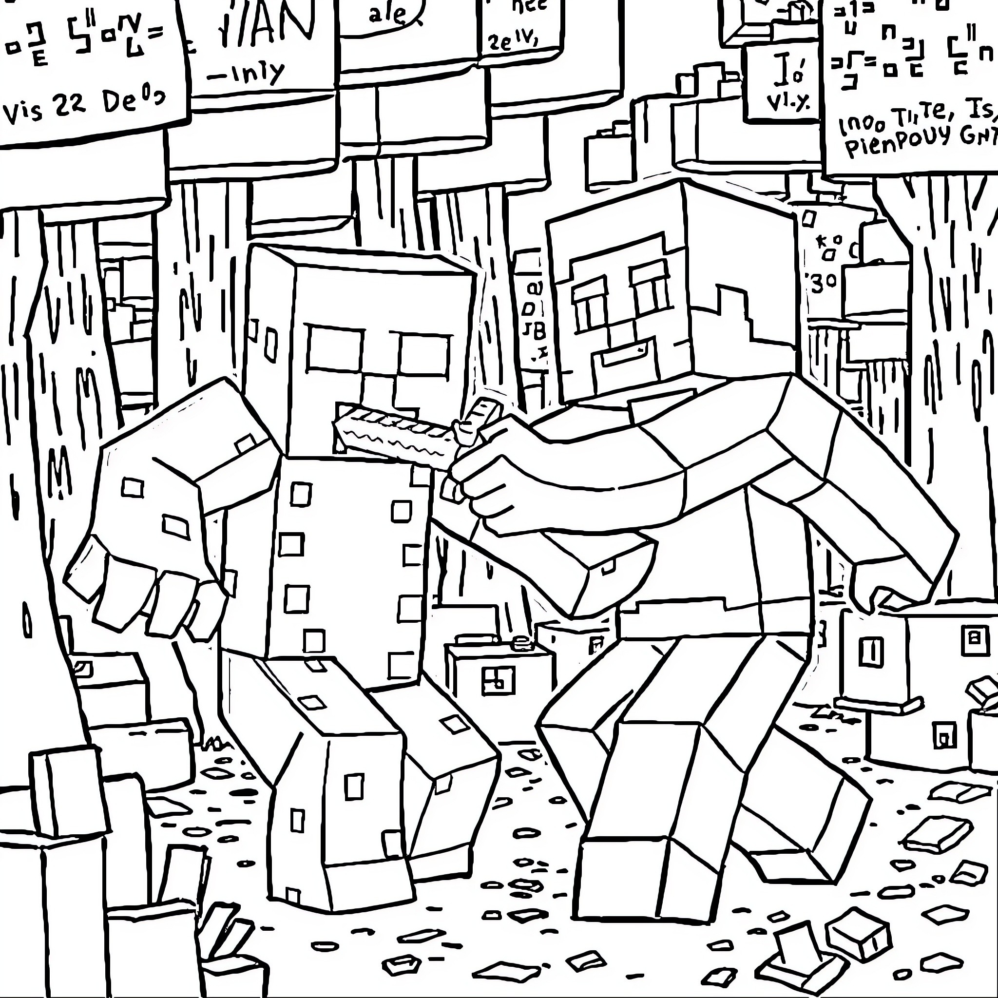 Steve's Chaotic City Adventure Coloring Page (free black-and-white line drawing printable PDF for all, from beginners to advanced learners, including children, teens, adults, and seniors)