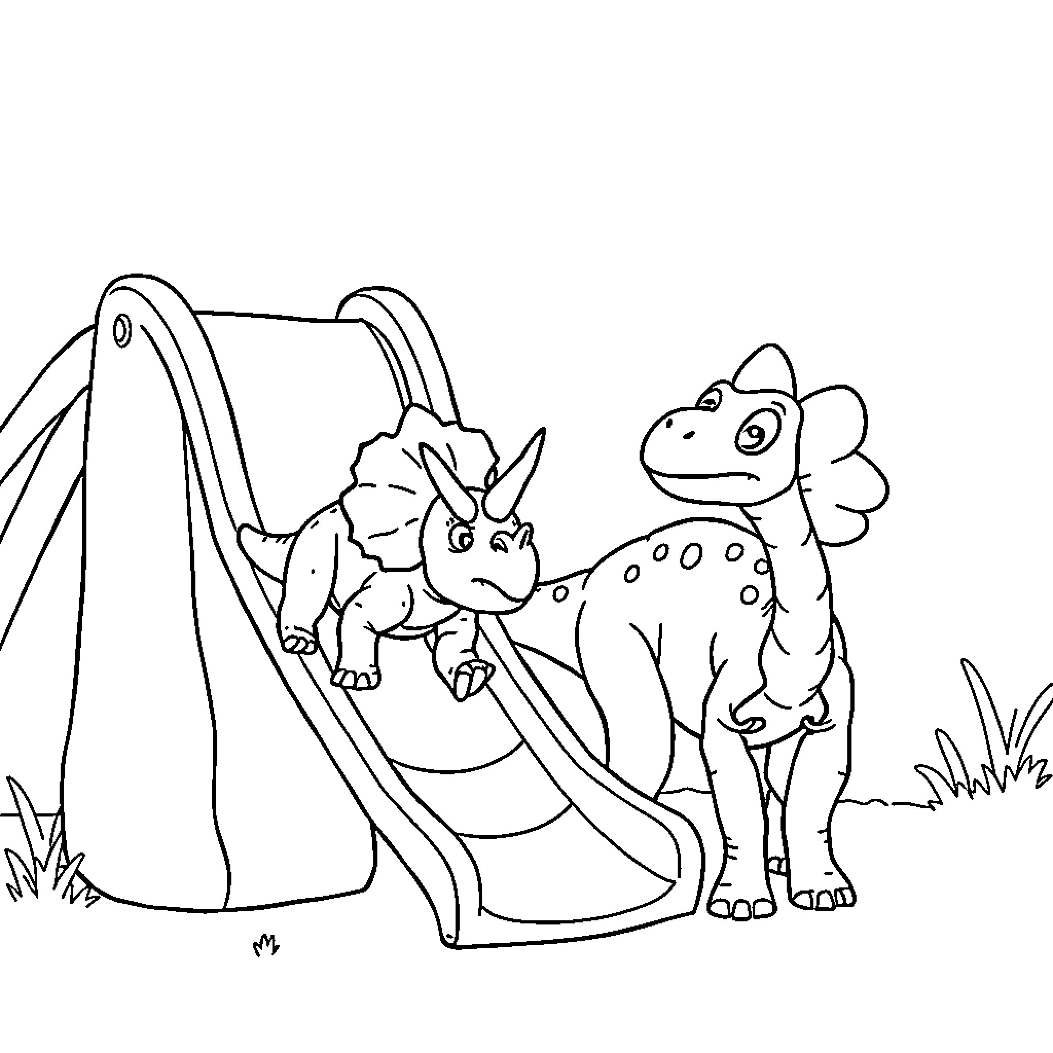 Triceratops playing on the slide with friends Coloring Page (free black-and-white line drawing printable PDF for all, from beginners to advanced learners, including children, teens, adults, and seniors)