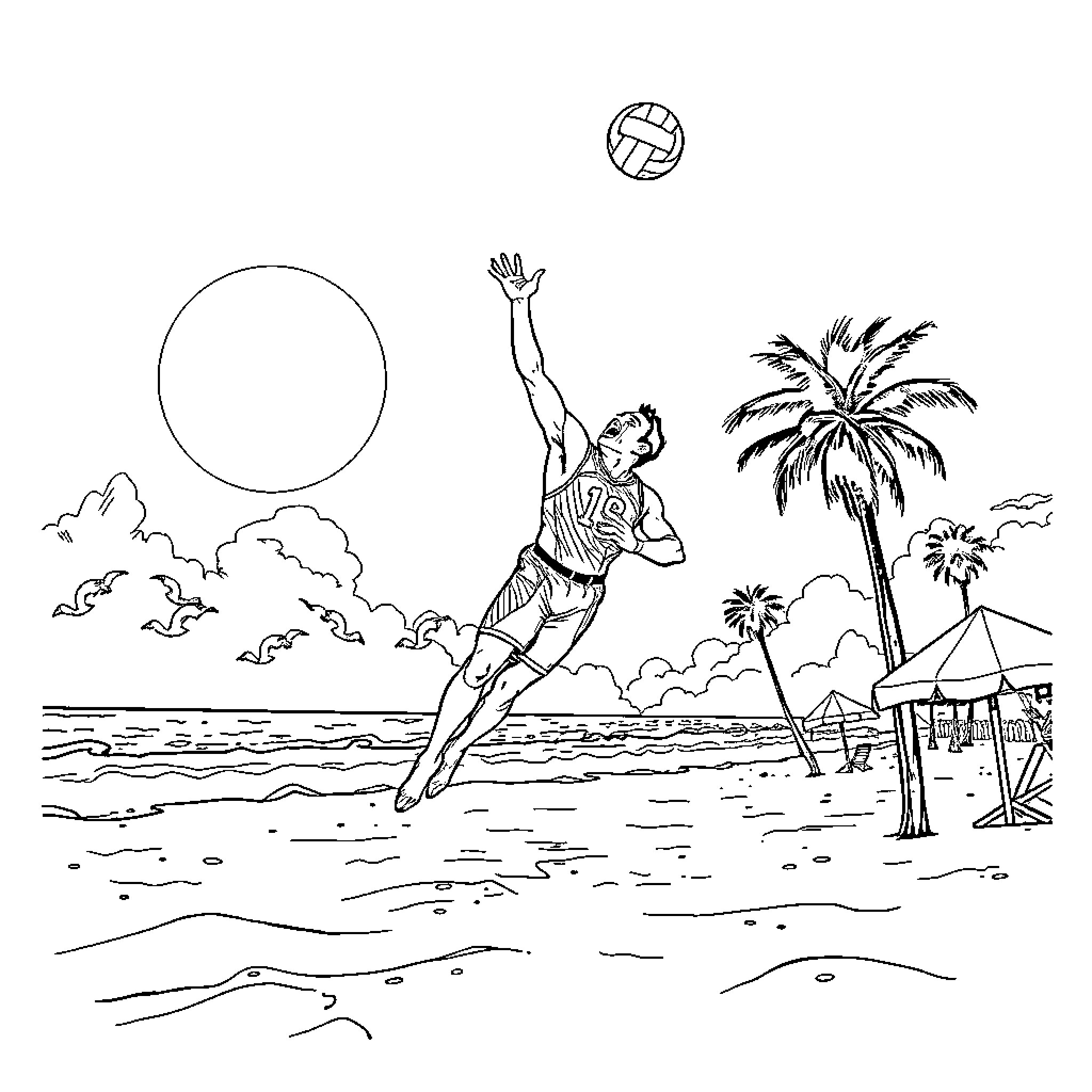 Dominik Mysterio leaps high into the air on the beach Coloring Page (free black-and-white line drawing printable PDF for all, from beginners to advanced learners, including children, teens, adults, and seniors)