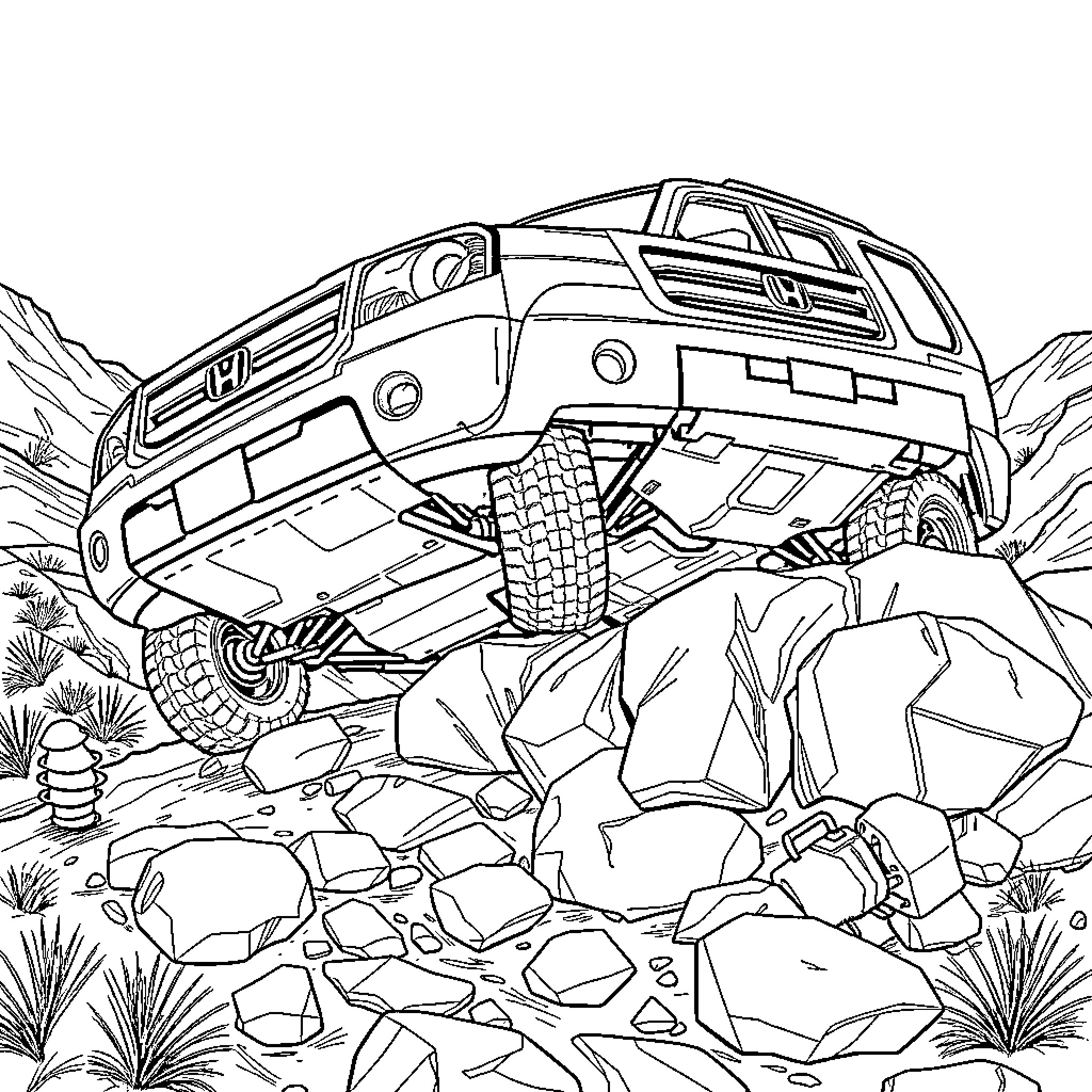 Honda Pilot driving through rocky terrain Coloring Page (free black-and-white line drawing printable PDF for all, from beginners to advanced learners, including children, teens, adults, and seniors)