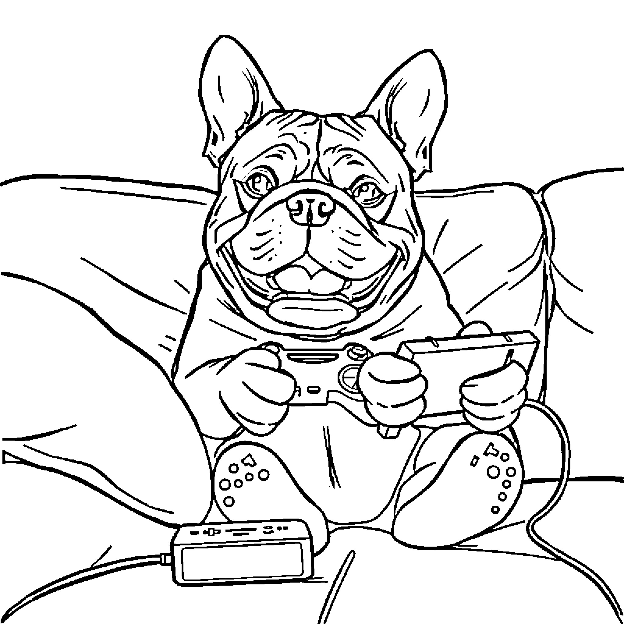 Bulldog playing video games with controllers Coloring Page (free black-and-white line drawing printable PDF for all, from beginners to advanced learners, including children, teens, adults, and seniors)