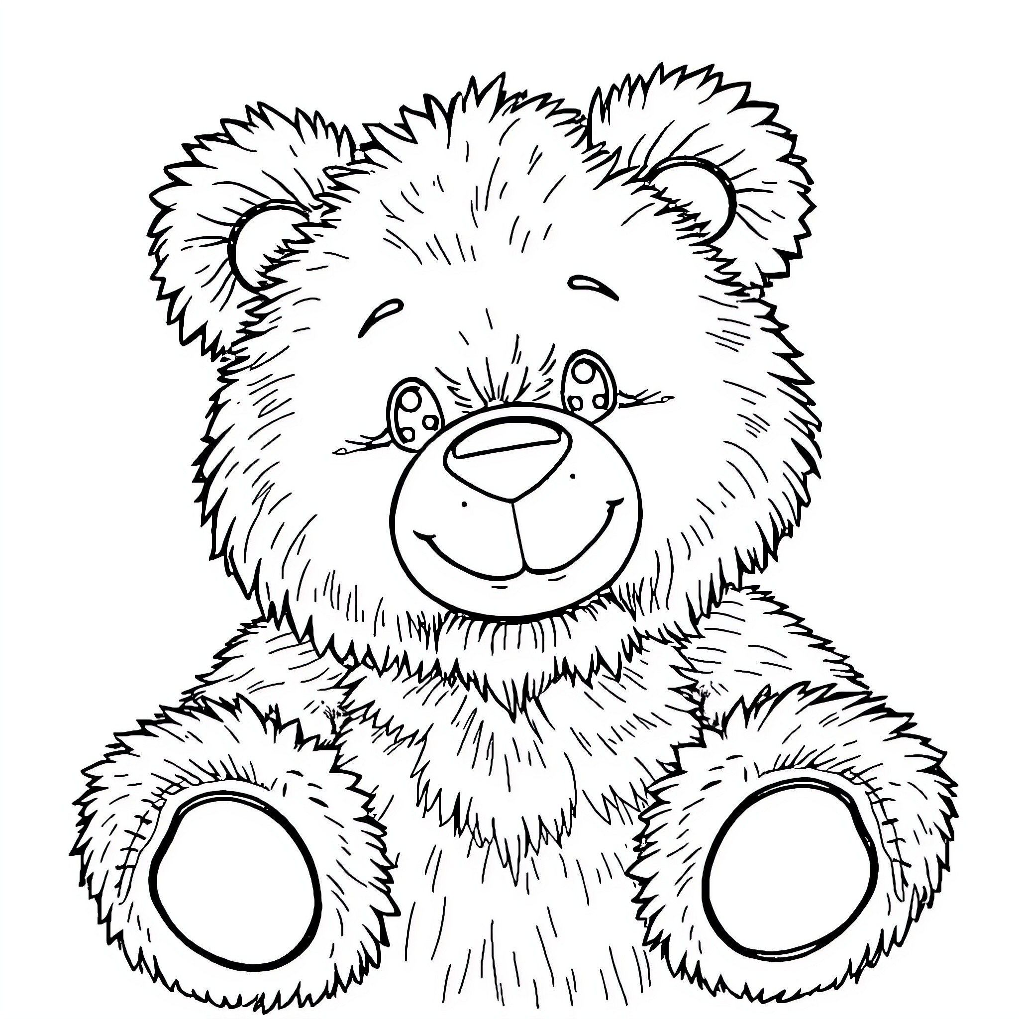 Teddy Bear sitting happily Coloring Page (free black-and-white line drawing printable PDF for all, from beginners to advanced learners, including children, teens, adults, and seniors)