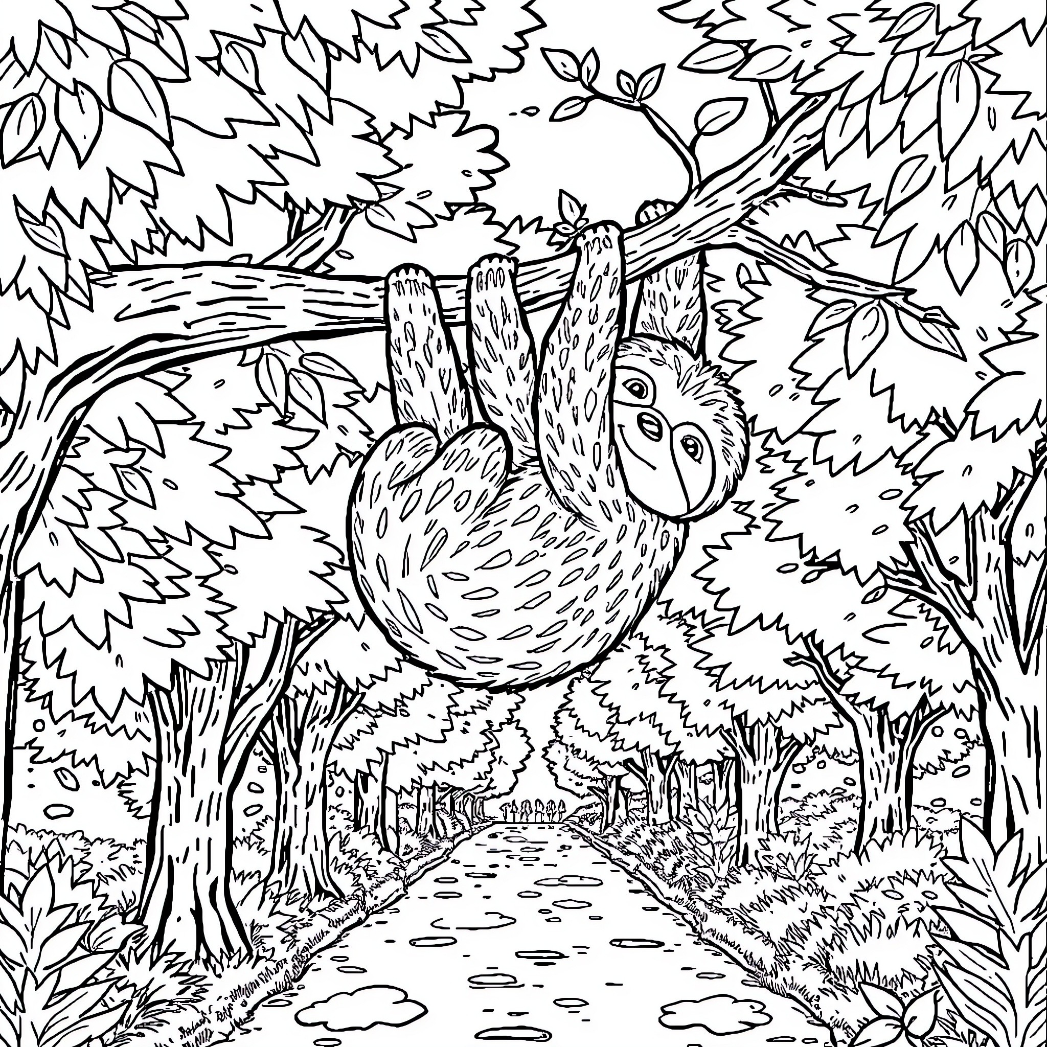 Sloth hanging upside down in lush forest Coloring Page (free black-and-white line drawing printable PDF for all, from beginners to advanced learners, including children, teens, adults, and seniors)