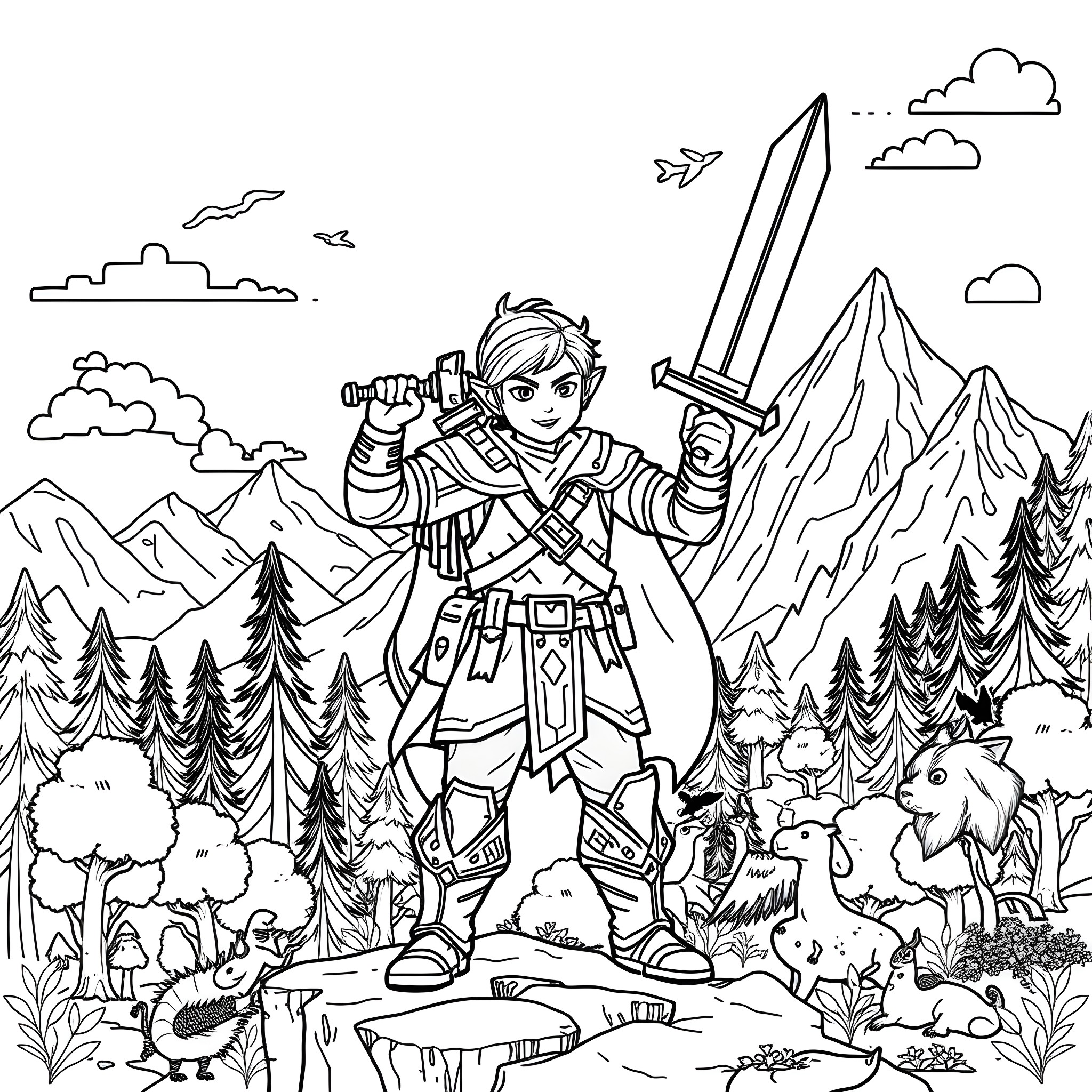 Minecraft Character Exploring the Wilderness Coloring Page (free black-and-white line drawing printable PDF for all, from beginners to advanced learners, including children, teens, adults, and seniors)