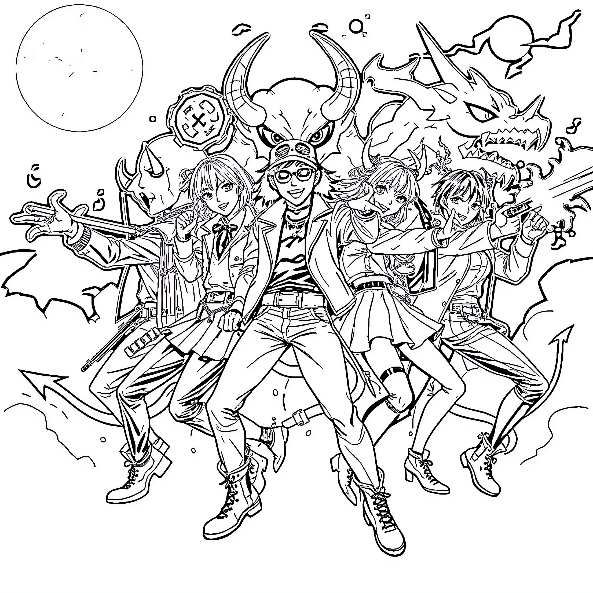 Demon Hunter Faces Supernatural Threats with Allies Coloring Page (free black-and-white line drawing printable PDF for all, from beginners to advanced learners, including children, teens, adults, and seniors)