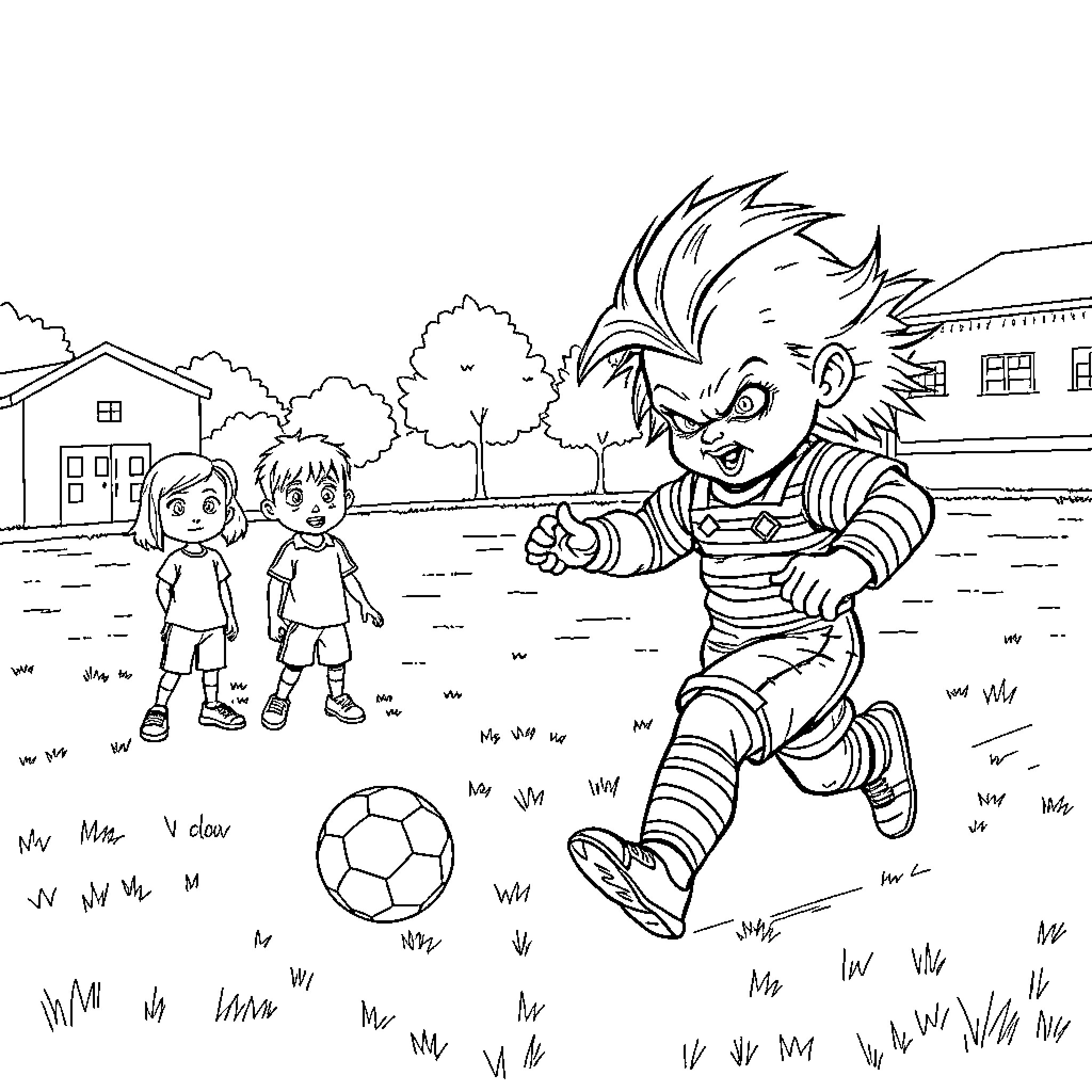 Chucky Playing Soccer with Children in Neighborhood Coloring Page (free black-and-white line drawing printable PDF for all, from beginners to advanced learners, including children, teens, adults, and seniors)