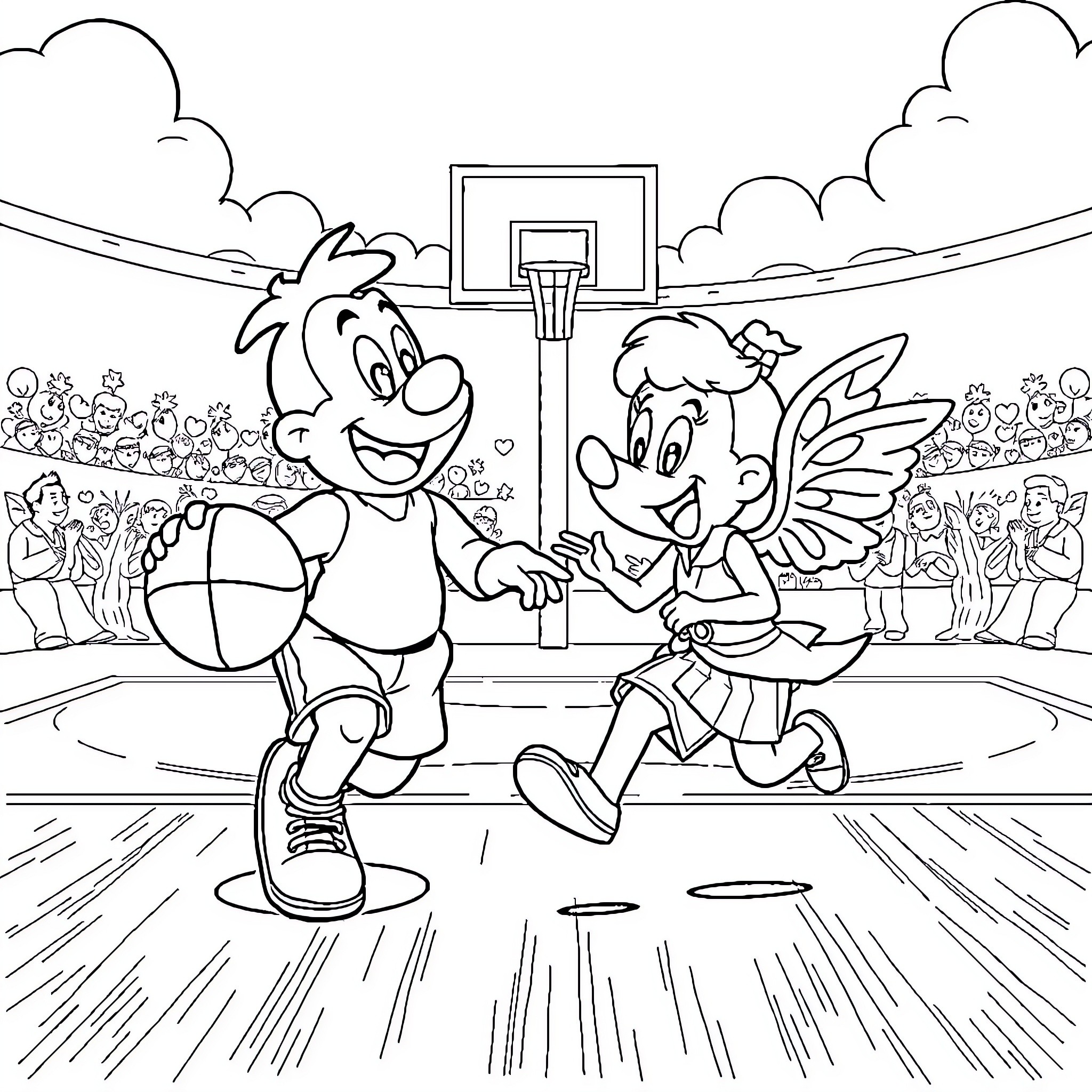Lilo and Stitch playing basketball in the schoolyard Coloring Page (free black-and-white line drawing printable PDF for all, from beginners to advanced learners, including children, teens, adults, and seniors)