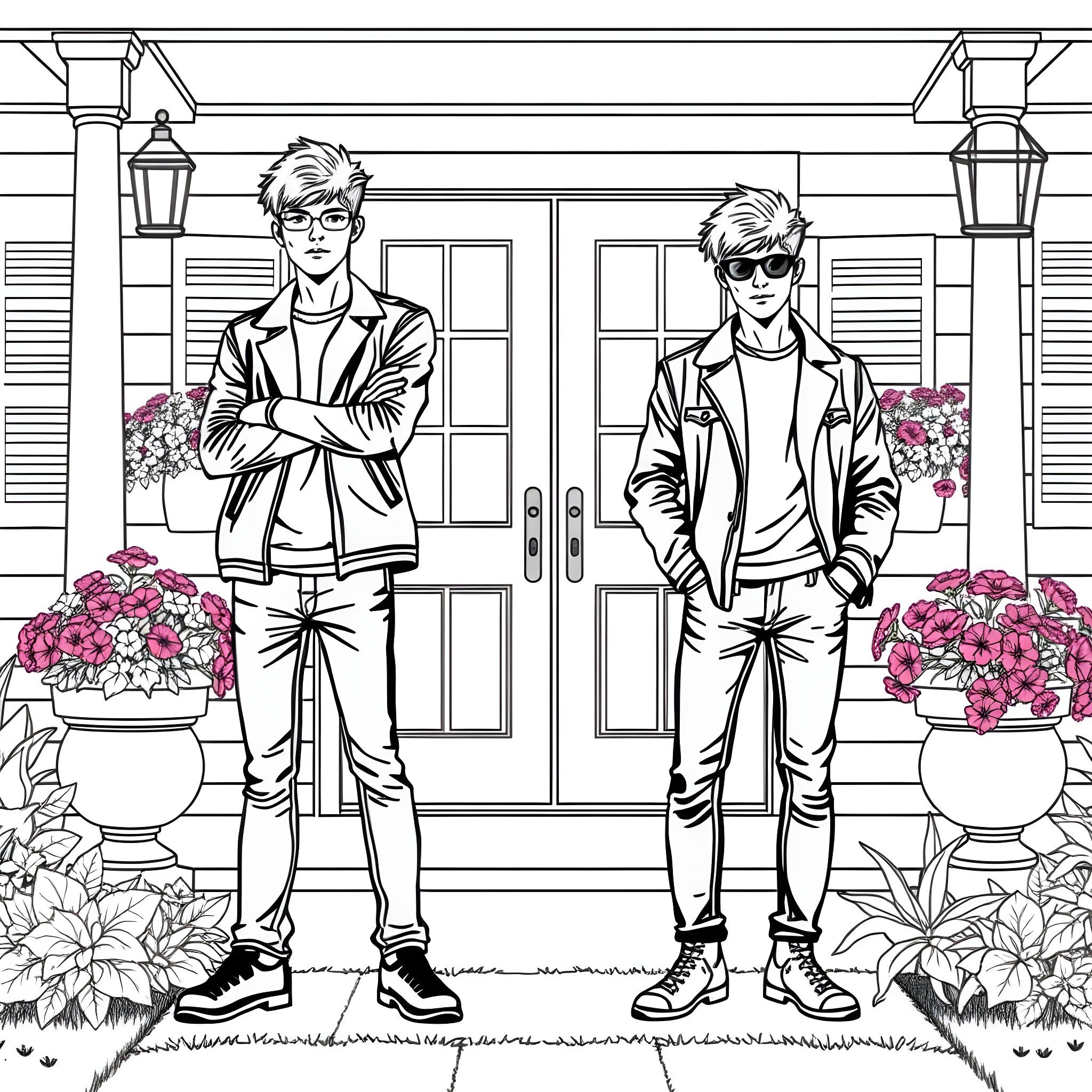 Teen Guys Standing in Front of House with Flowers Coloring Page (free black-and-white line drawing printable PDF for all, from beginners to advanced learners, including children, teens, adults, and seniors)