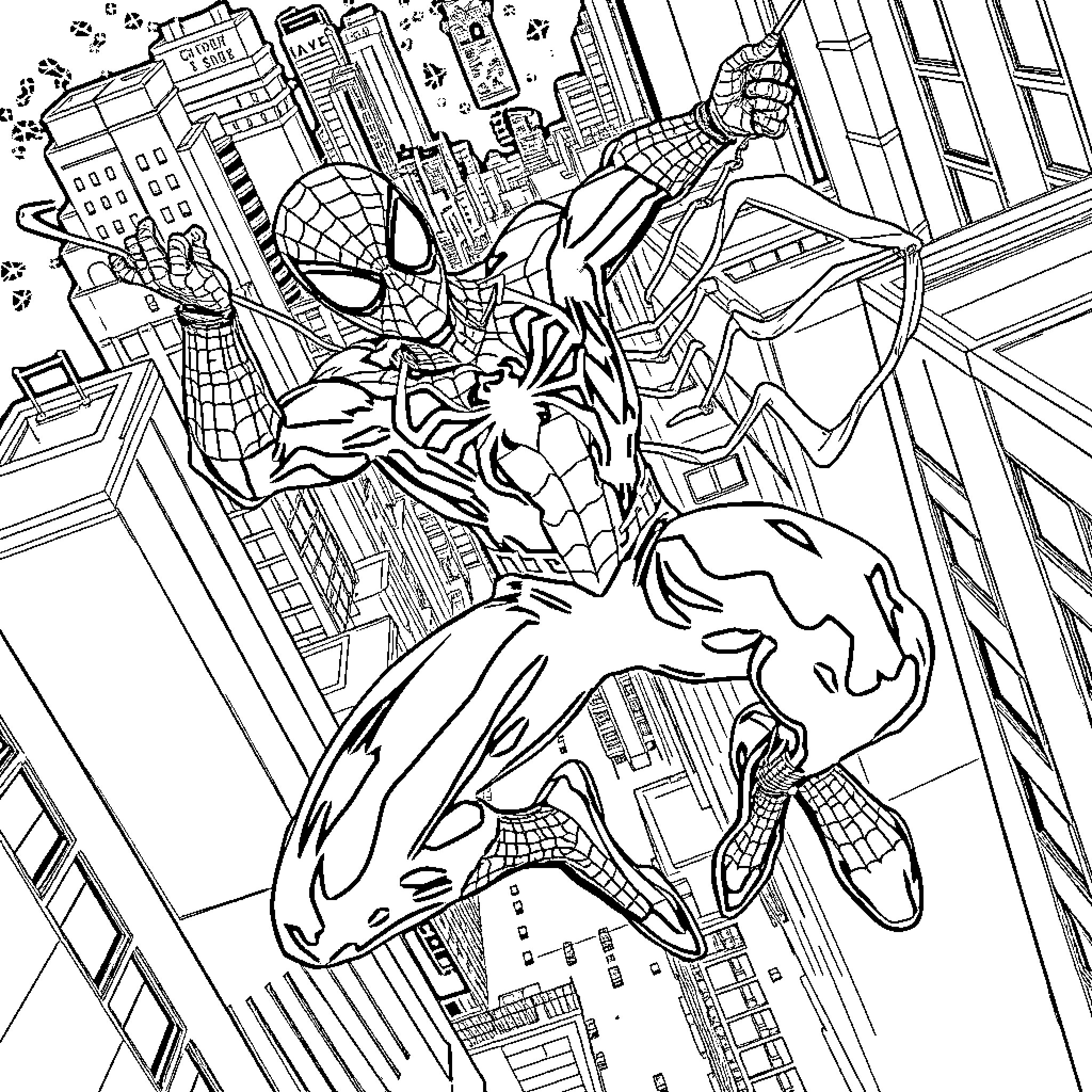 Spiderman swinging through the cityscape Coloring Page (free black-and-white line drawing printable PDF for all, from beginners to advanced learners, including children, teens, adults, and seniors)