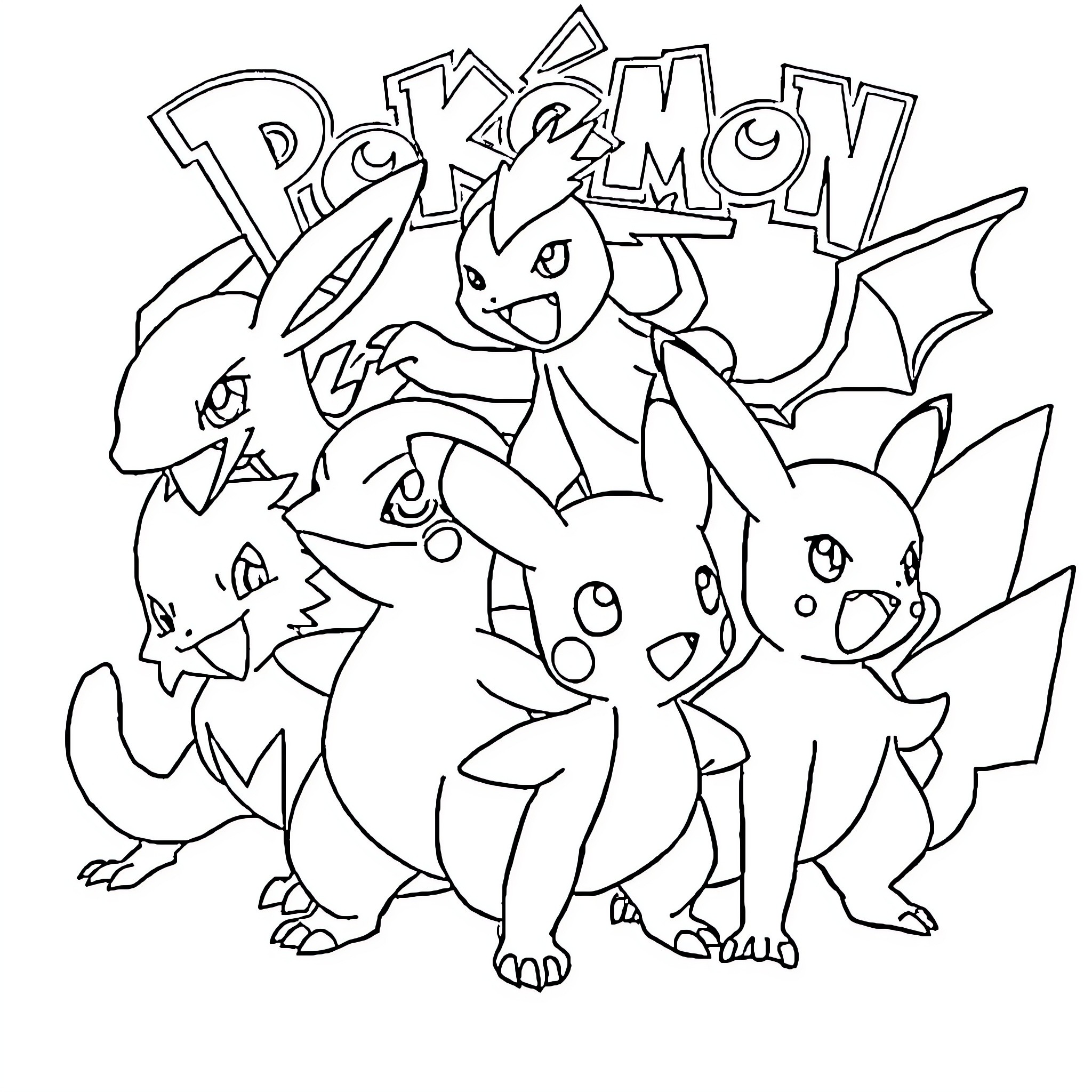 Pokémon characters in action poses Coloring Page (free black-and-white line drawing printable PDF for all, from beginners to advanced learners, including children, teens, adults, and seniors)
