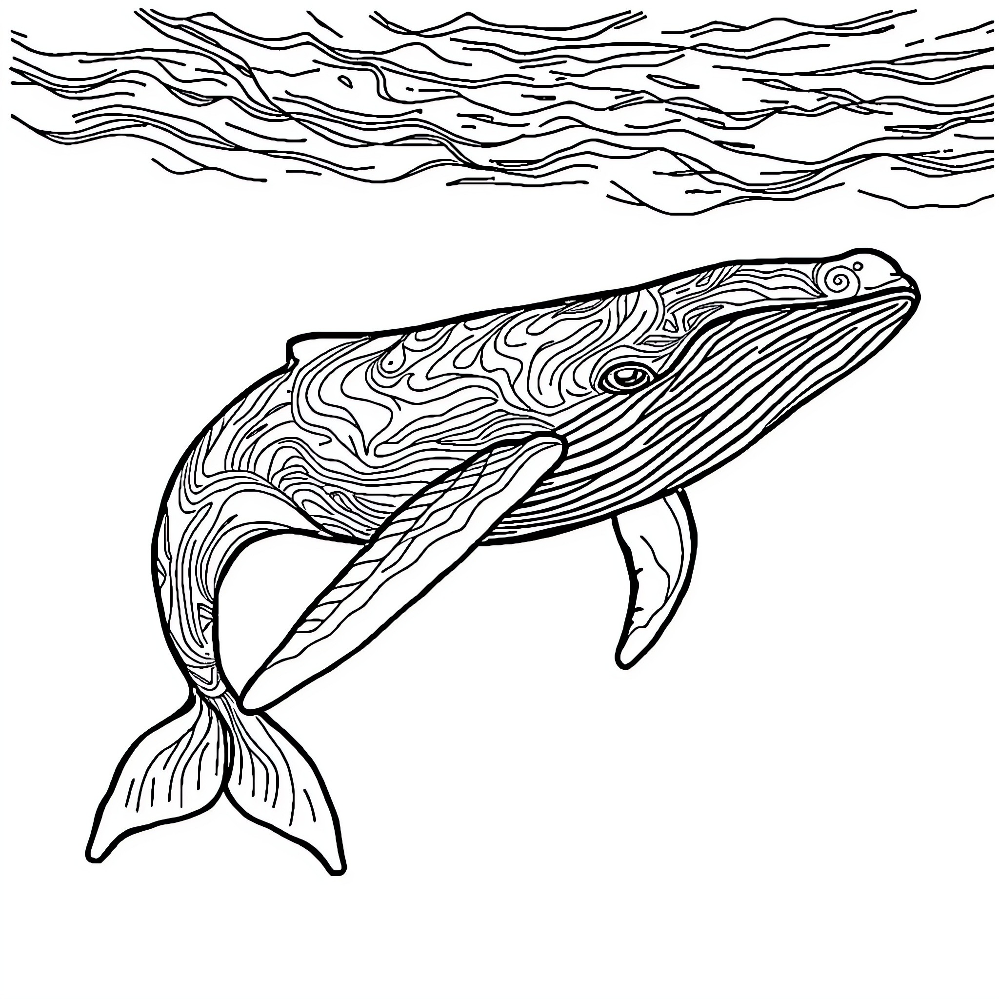Whale leaping through intricate waves Coloring Page (free black-and-white line drawing printable PDF for all, from beginners to advanced learners, including children, teens, adults, and seniors)