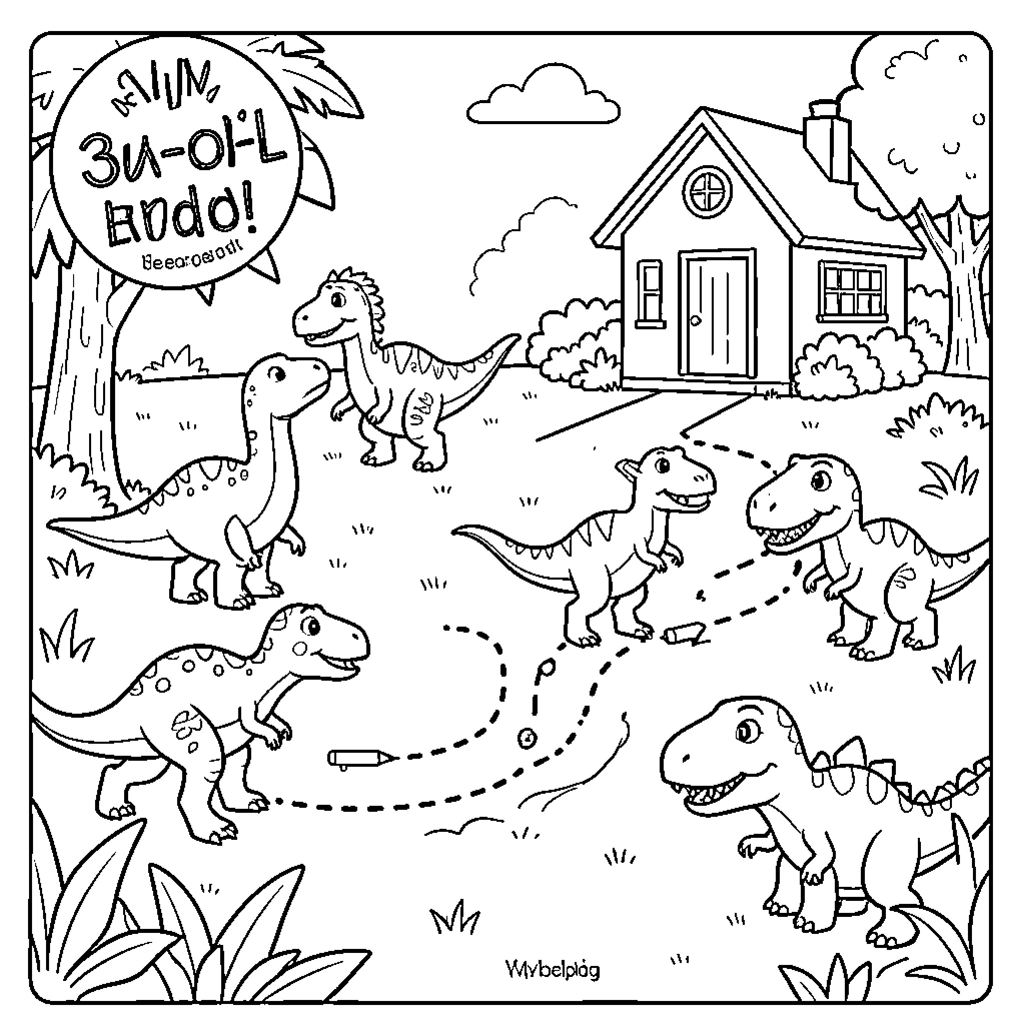 Dinosaurs playing and exploring around a house Coloring Page (free black-and-white line drawing printable PDF for all, from beginners to advanced learners, including children, teens, adults, and seniors)