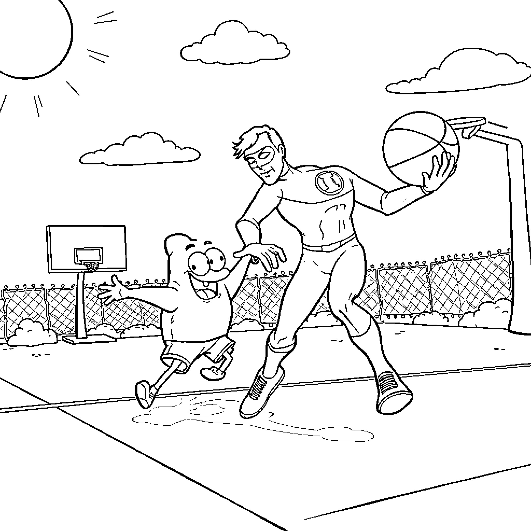 Green Lantern playing basketball with young boy Coloring Page (free black-and-white line drawing printable PDF for all, from beginners to advanced learners, including children, teens, adults, and seniors)