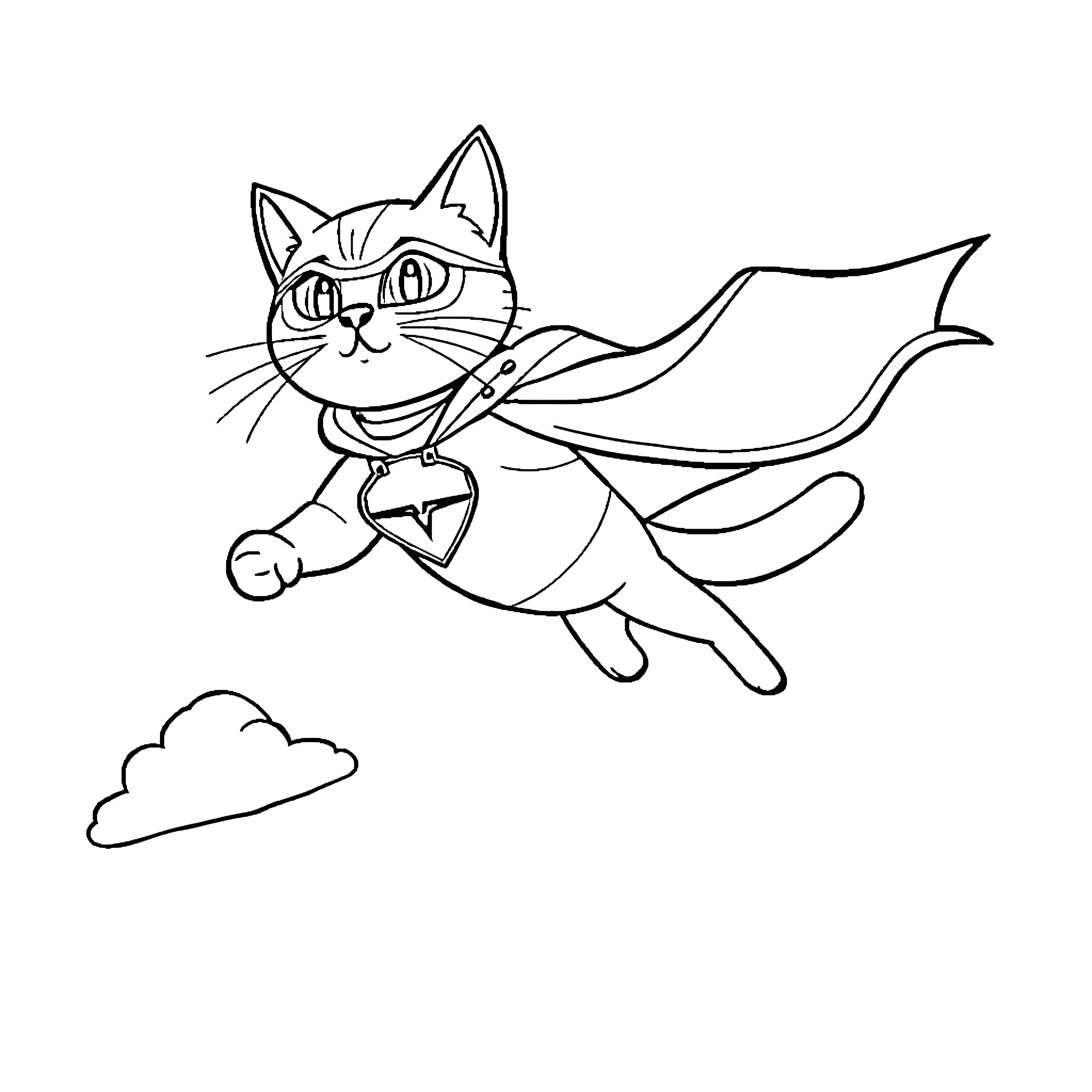Superhero Cat soaring through the sky Coloring Page (free black-and-white line drawing printable PDF for all, from beginners to advanced learners, including children, teens, adults, and seniors)