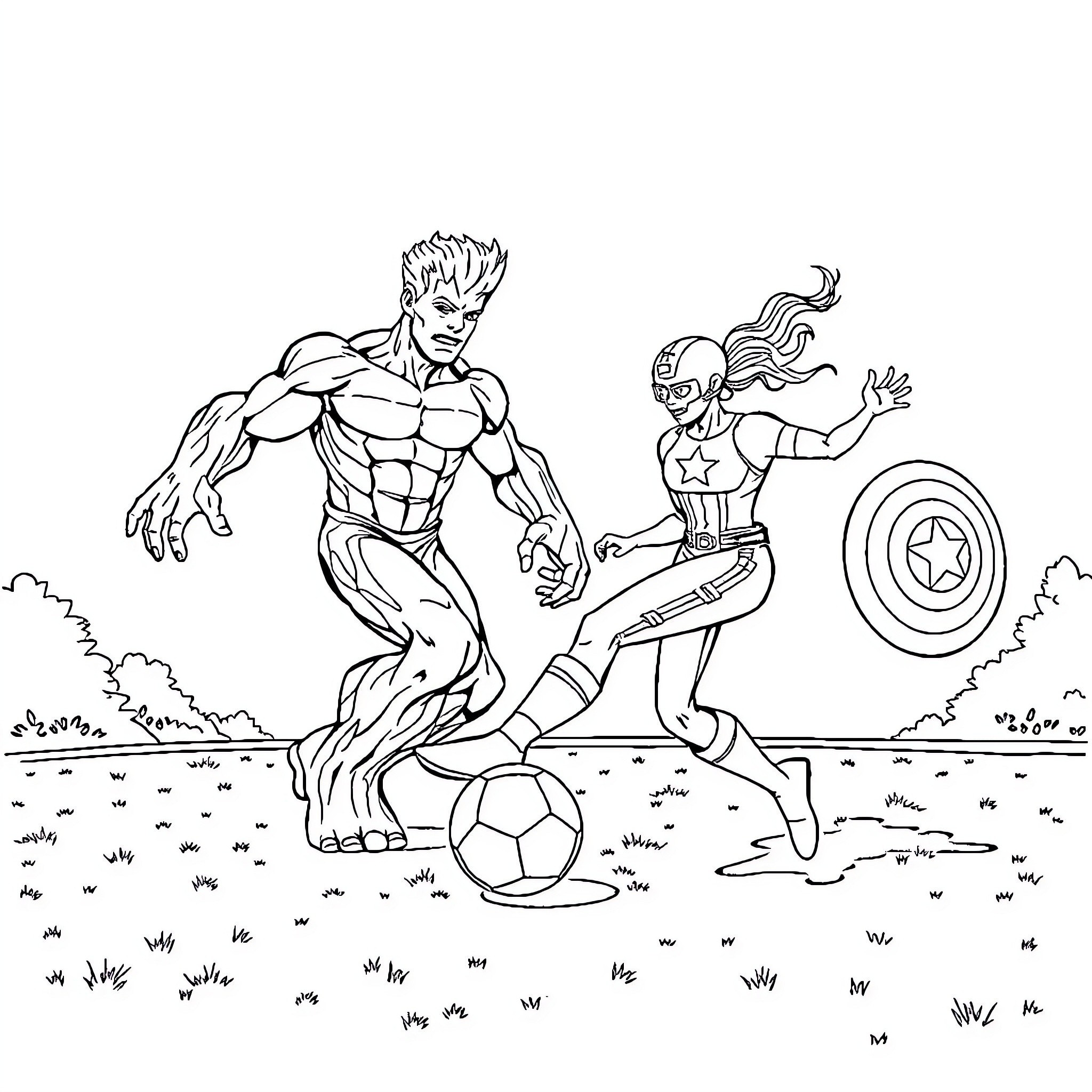 Groot playing soccer with Captain America Coloring Page (free black-and-white line drawing printable PDF for all, from beginners to advanced learners, including children, teens, adults, and seniors)