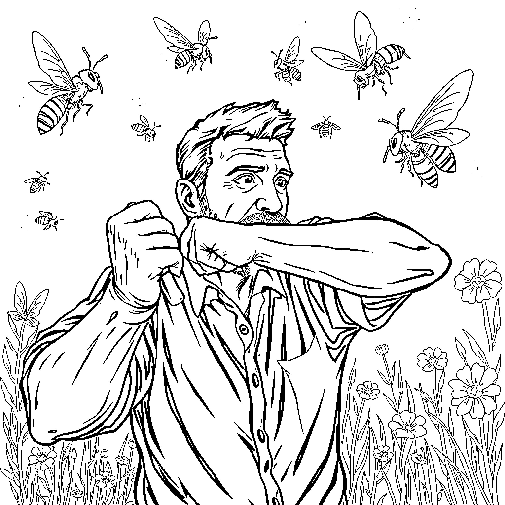 Man startled by swarming bees in nature Coloring Page (free black-and-white line drawing printable PDF for all, from beginners to advanced learners, including children, teens, adults, and seniors)