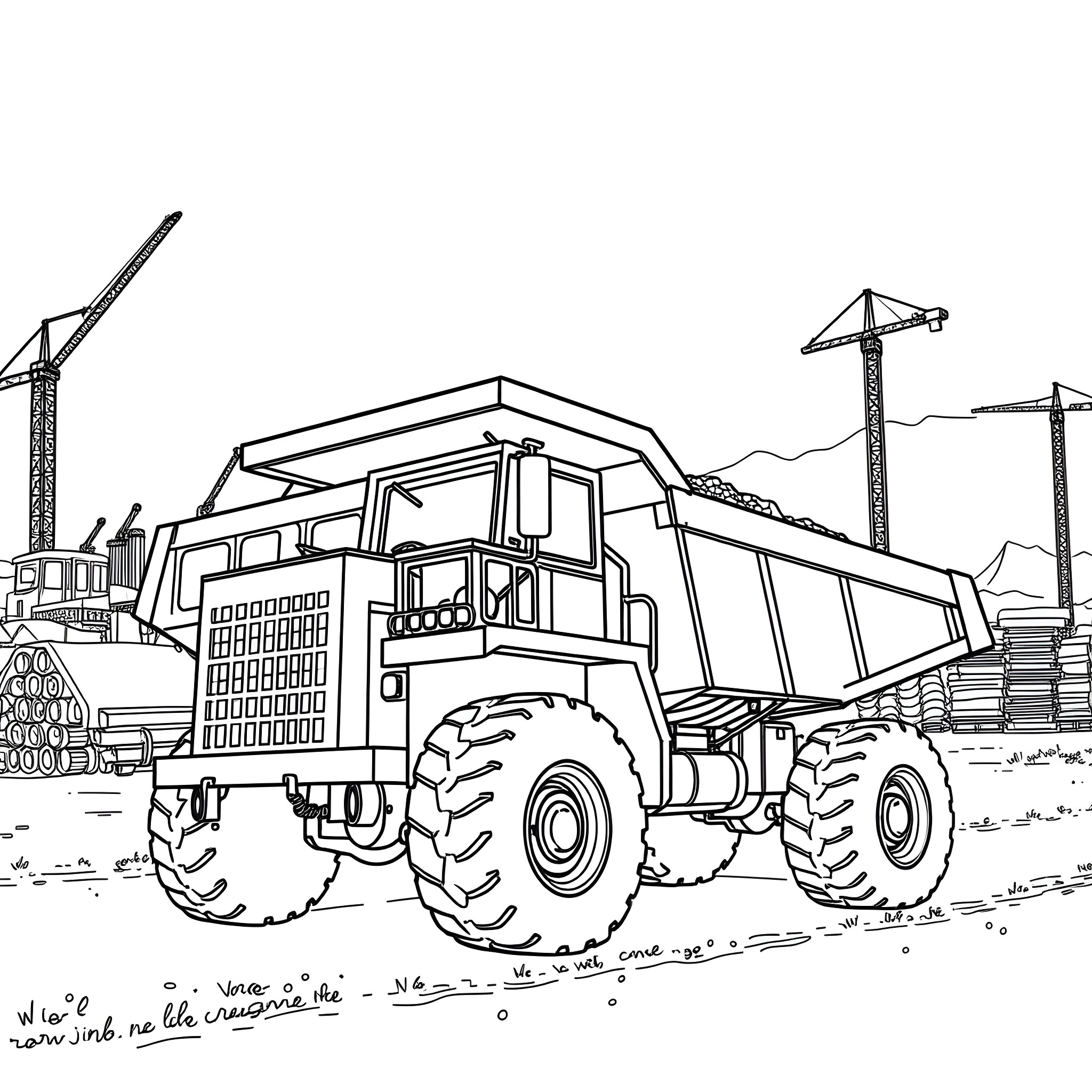 Dump Truck at Construction Site Coloring Page (free black-and-white line drawing printable PDF for all, from beginners to advanced learners, including children, teens, adults, and seniors)