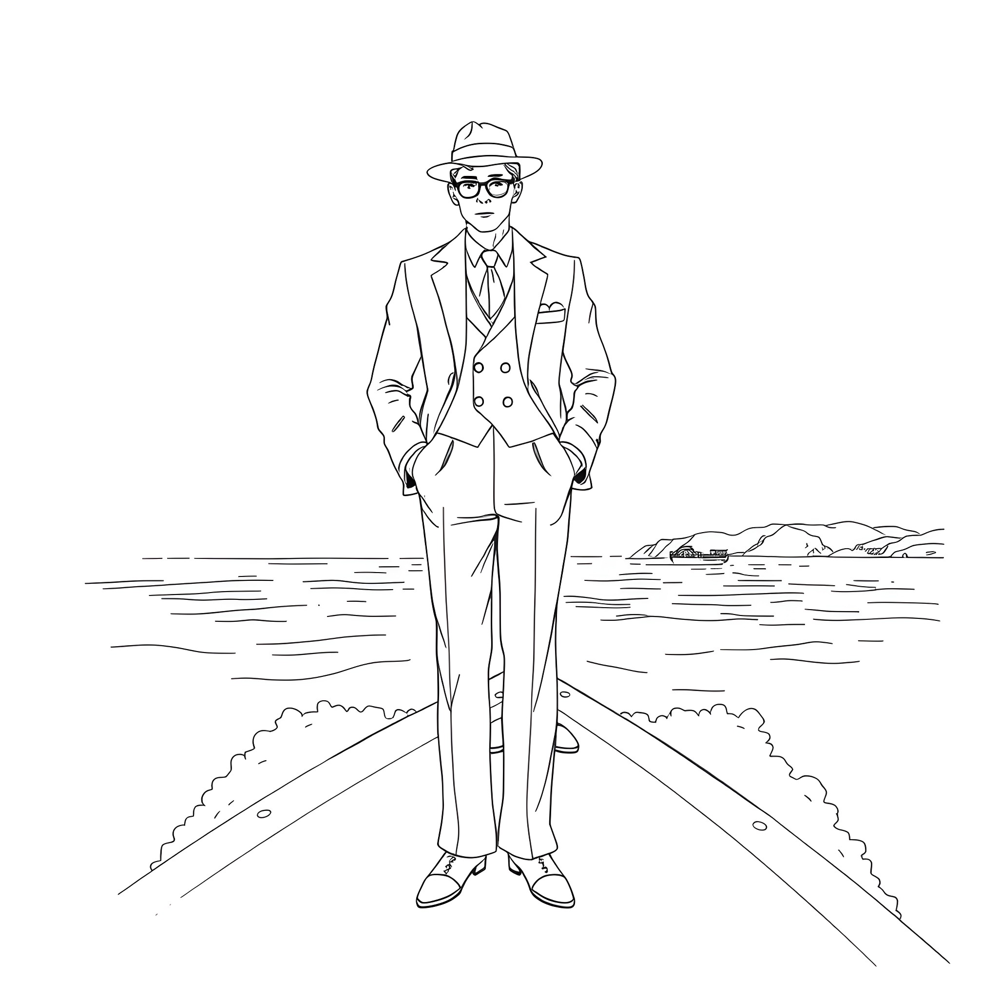 Character in a formal outfit standing on a path Coloring Page (free black-and-white line drawing printable PDF for all, from beginners to advanced learners, including children, teens, adults, and seniors)