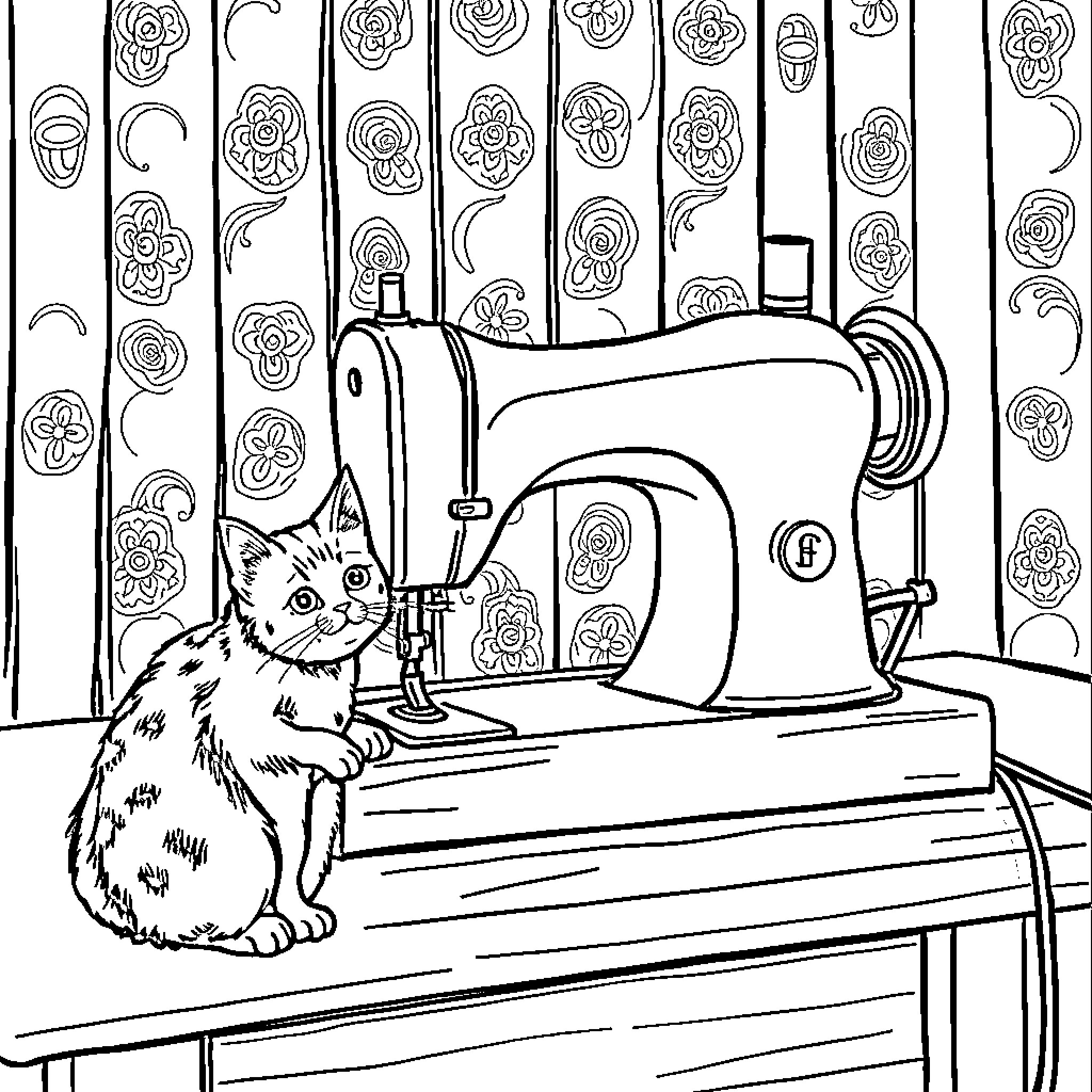 Sewing Machine and Curious Kitten Coloring Page (free black-and-white line drawing printable PDF for all, from beginners to advanced learners, including children, teens, adults, and seniors)