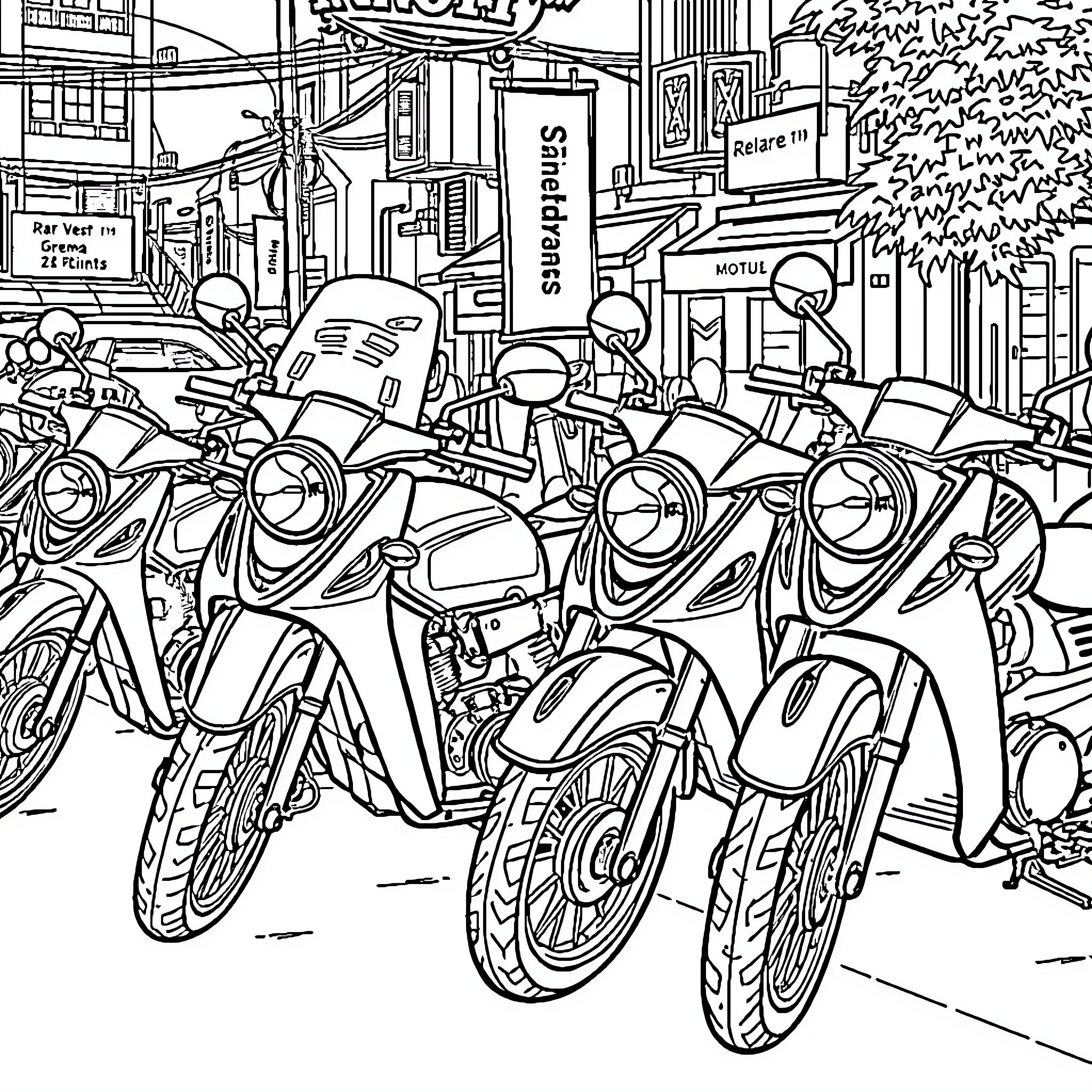 Motorcycle Parade Passing Through City Streets Coloring Page (free black-and-white line drawing printable PDF for all, from beginners to advanced learners, including children, teens, adults, and seniors)
