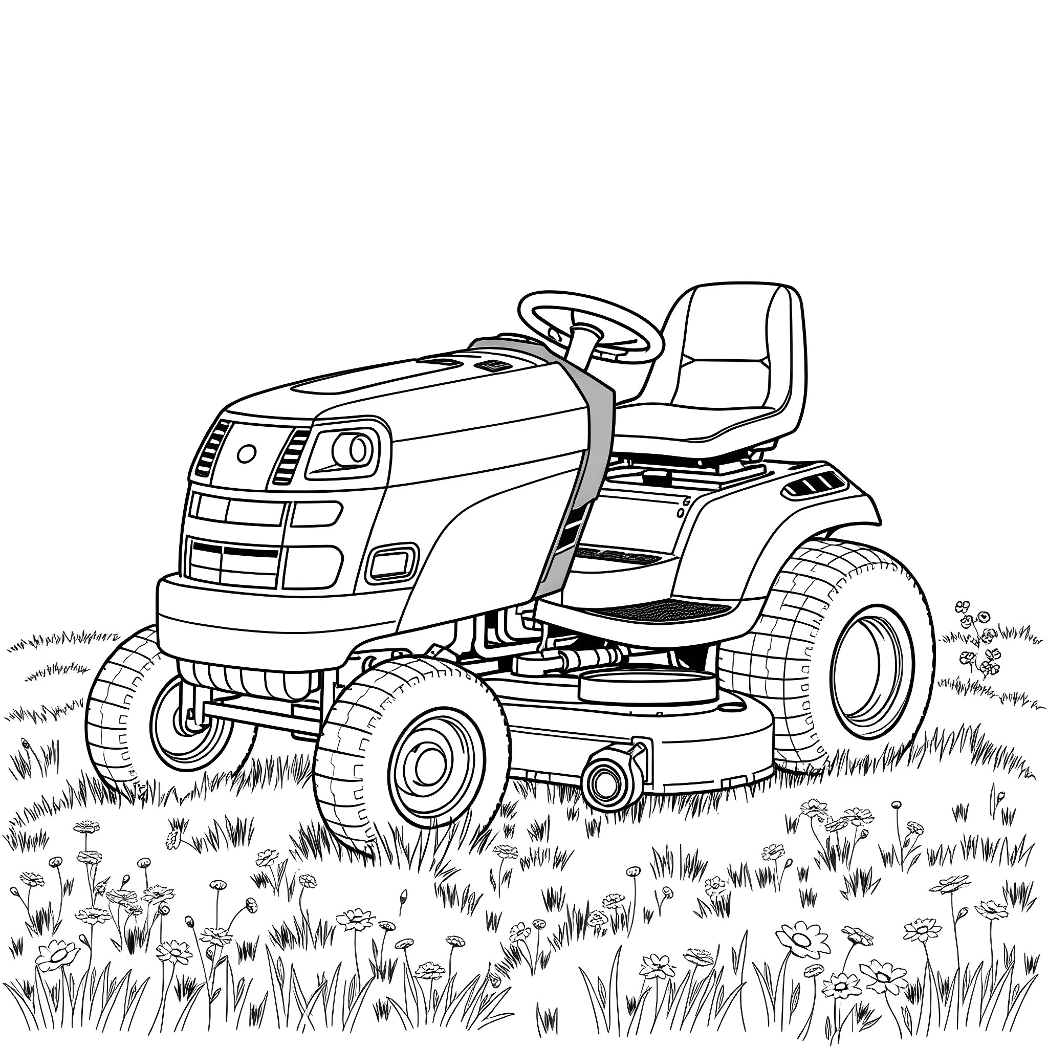 Riding Mower in a Flowery Field Coloring Page (free black-and-white line drawing printable PDF for all, from beginners to advanced learners, including children, teens, adults, and seniors)