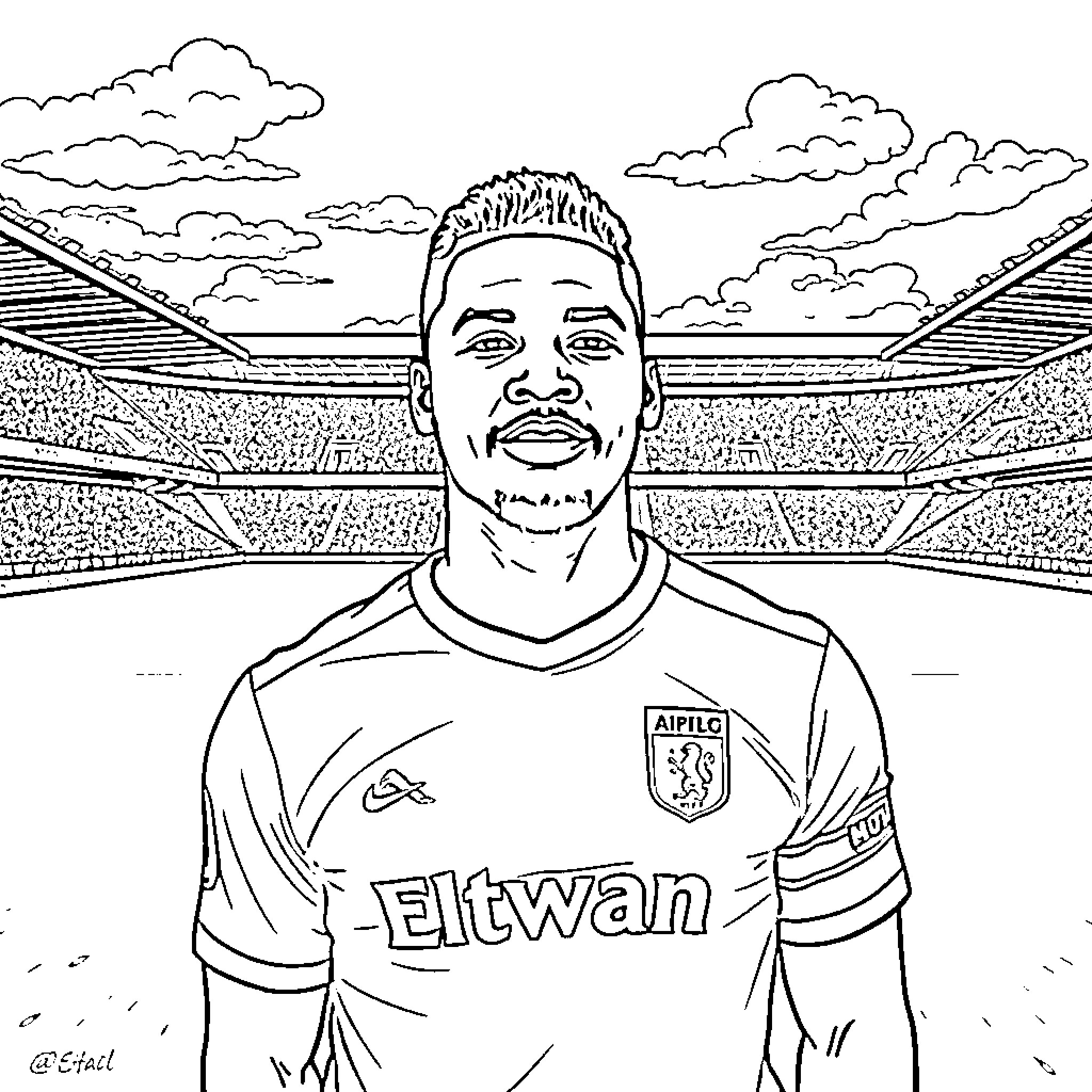 Tyrone Mings posing confidently on the soccer field Coloring Page (free black-and-white line drawing printable PDF for all, from beginners to advanced learners, including children, teens, adults, and seniors)