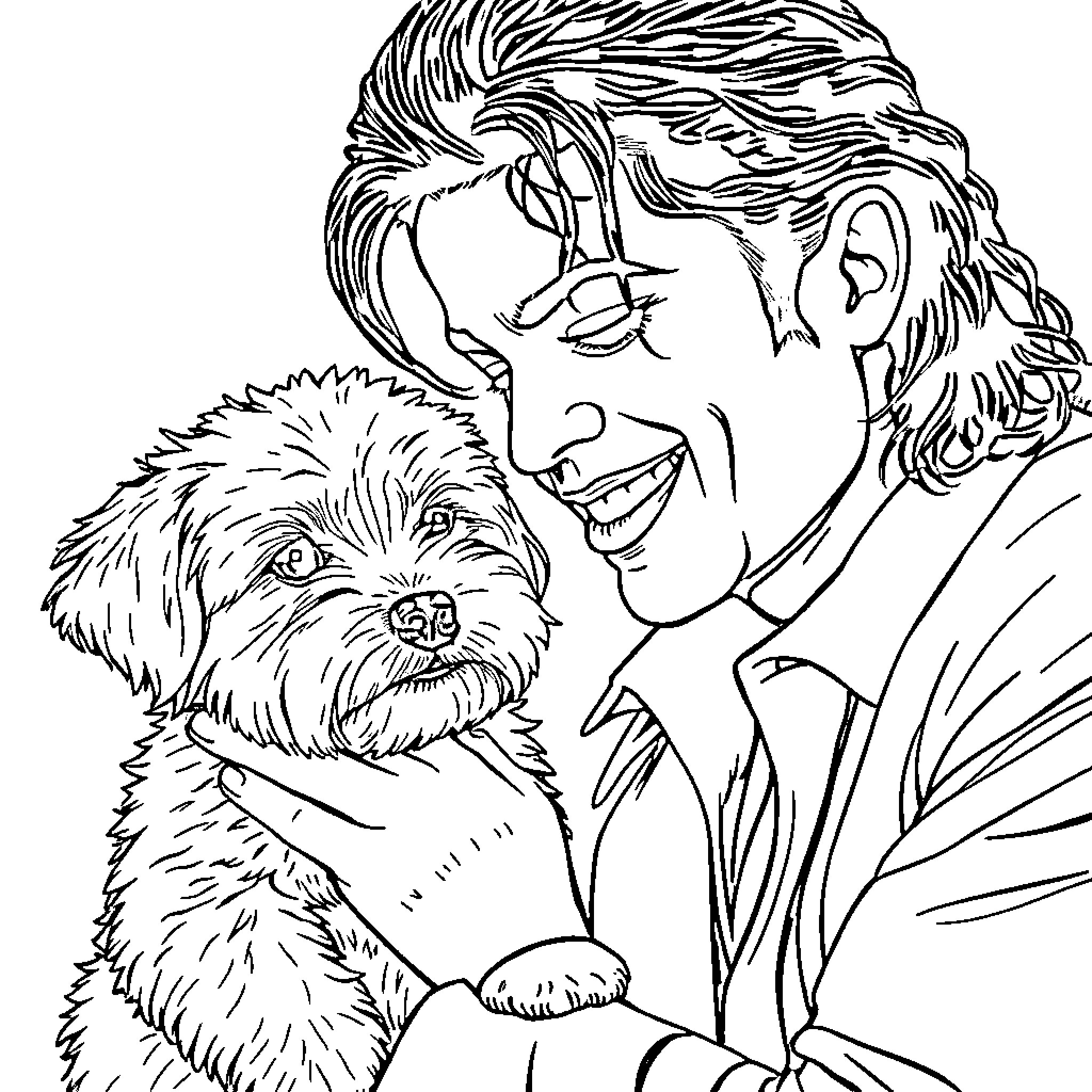 Michael Jackson smiling and holding a pet dog Coloring Page (free black-and-white line drawing printable PDF for all, from beginners to advanced learners, including children, teens, adults, and seniors)